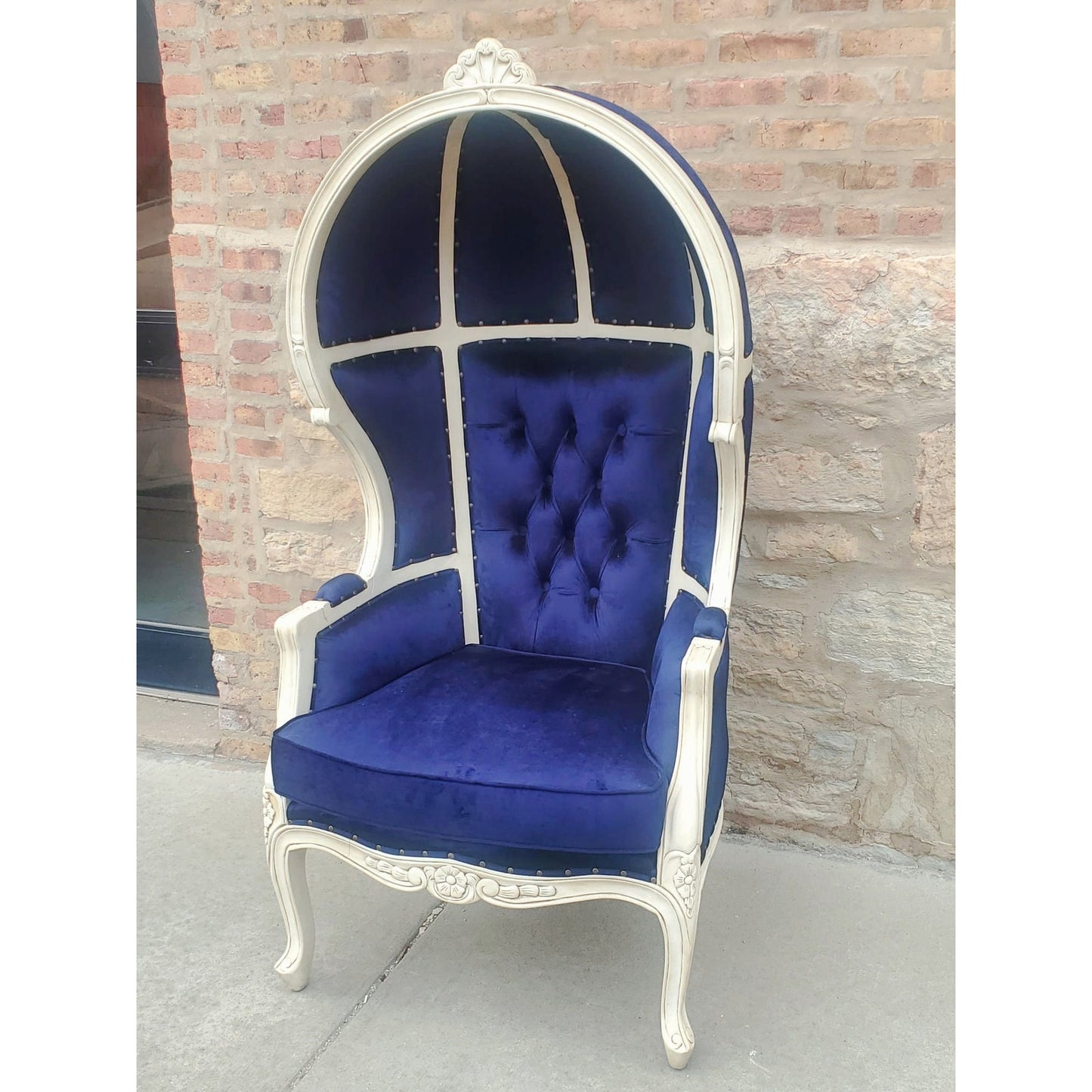 Balloon Chair | Porter Chair | Throne |Louis XV Style Tufted Dome Canopy Chair | Blue Velvet White Trim | French Inspired Design