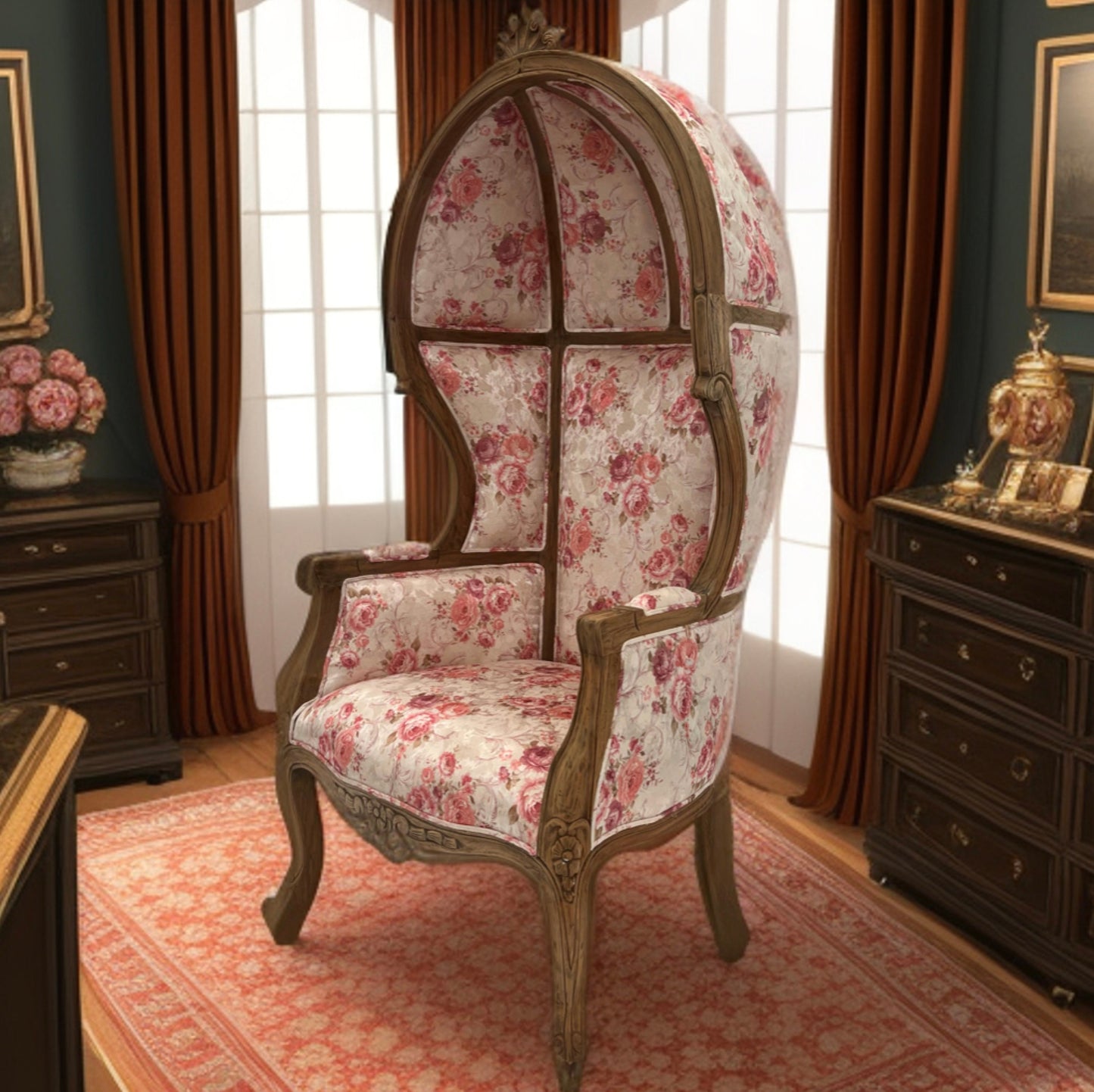 Balloon Chair | Porter Chair | Throne | Louis XV Style Tufted Dome Canopy Chair | Pink Floral Fabric | French Inspired Design