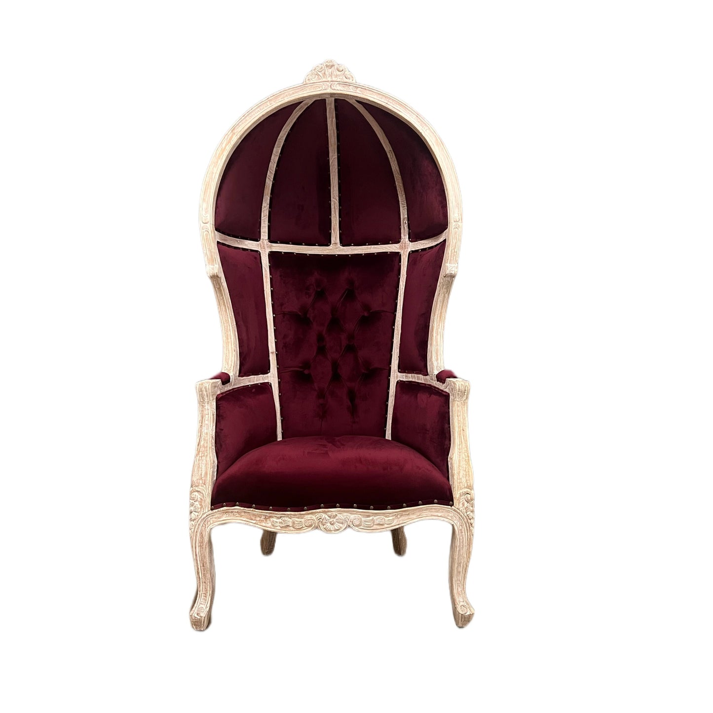 Balloon Chair | Porter Chair | Throne | Louis XV Style Tufted Dome Canopy Chair | Burgundy Velvet White-Wash Trim