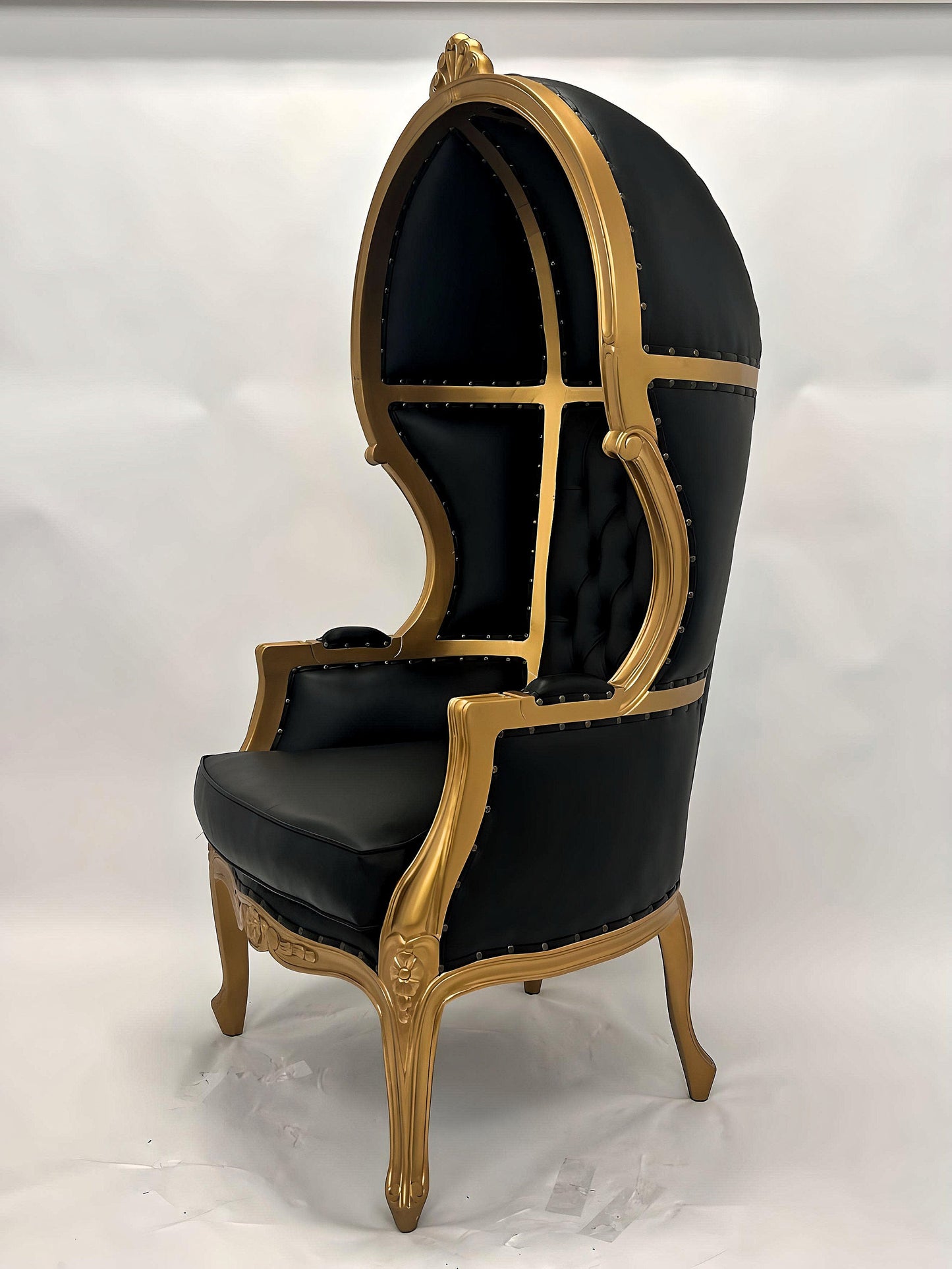 Balloon Chair | Porter Chair | Throne | Louis XV Style Tufted Dome Canopy Chair | Black Leather Gold Trim | French Inspired Design