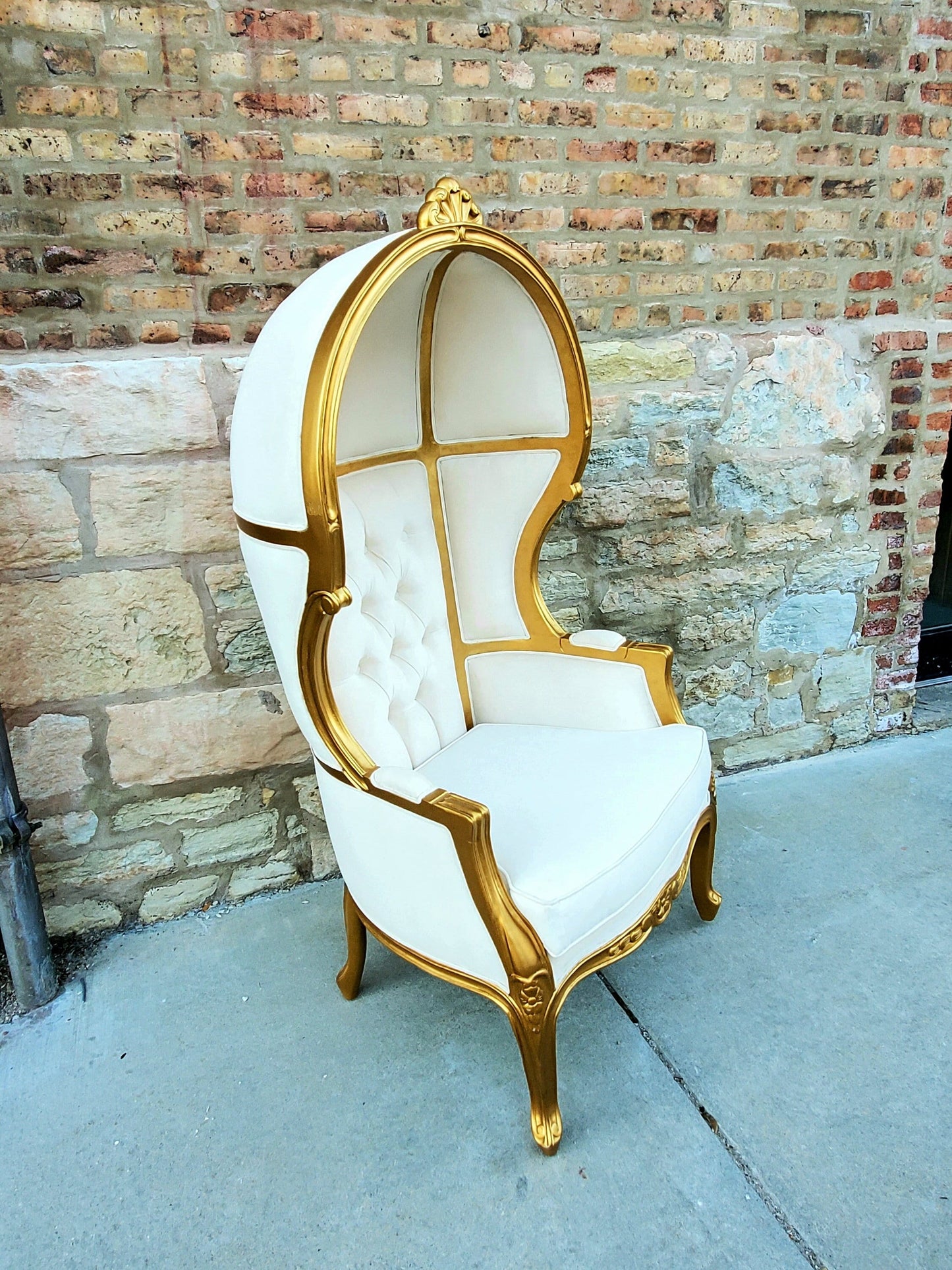 Balloon Chair | Porter Chair | White Linen Throne | Gold Trim | Louis XV Style Tufted Dome Canopy Chair | French Inspired Design