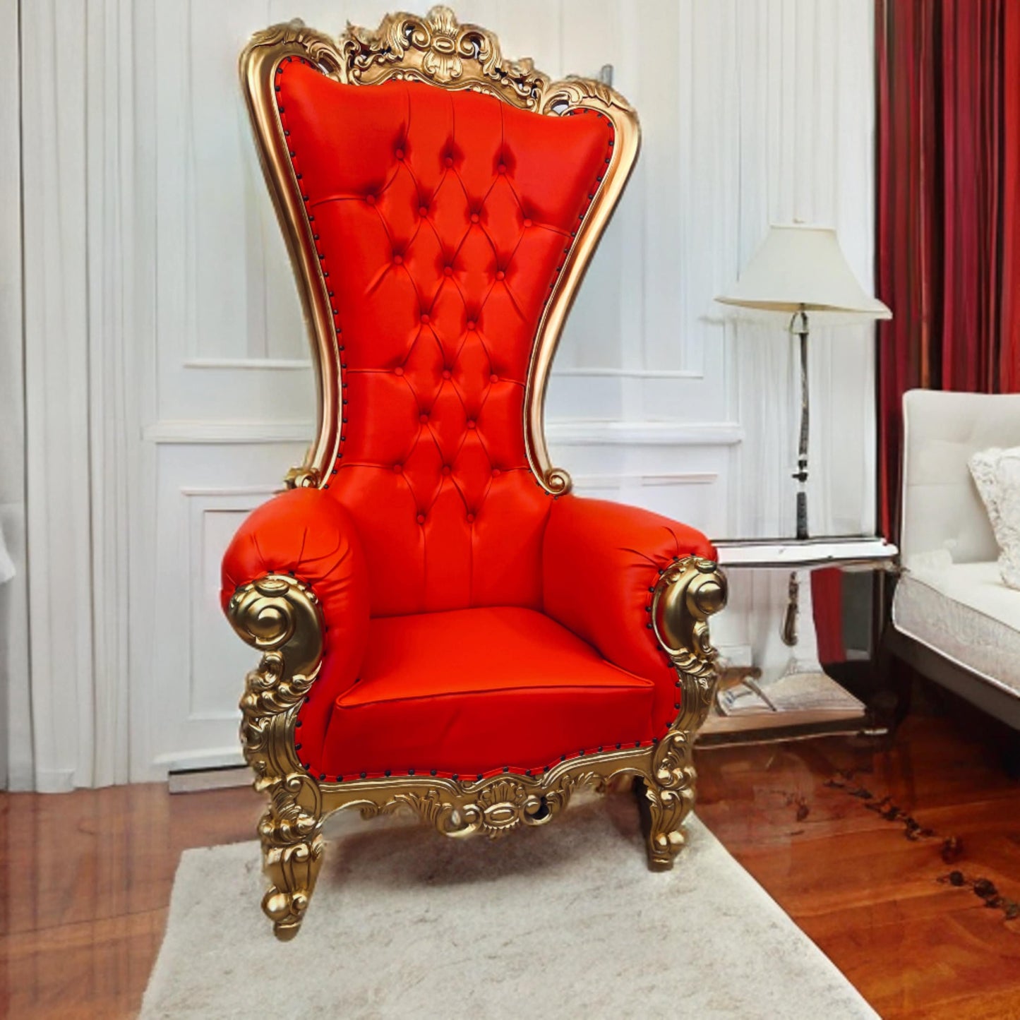 Throne Chair | Mahogany Wood Queen Ornate Frame Tufted Red Faux Leather Wedding Birthday Sweet 16 Quinceañera Graduation Party Foyer Lobby