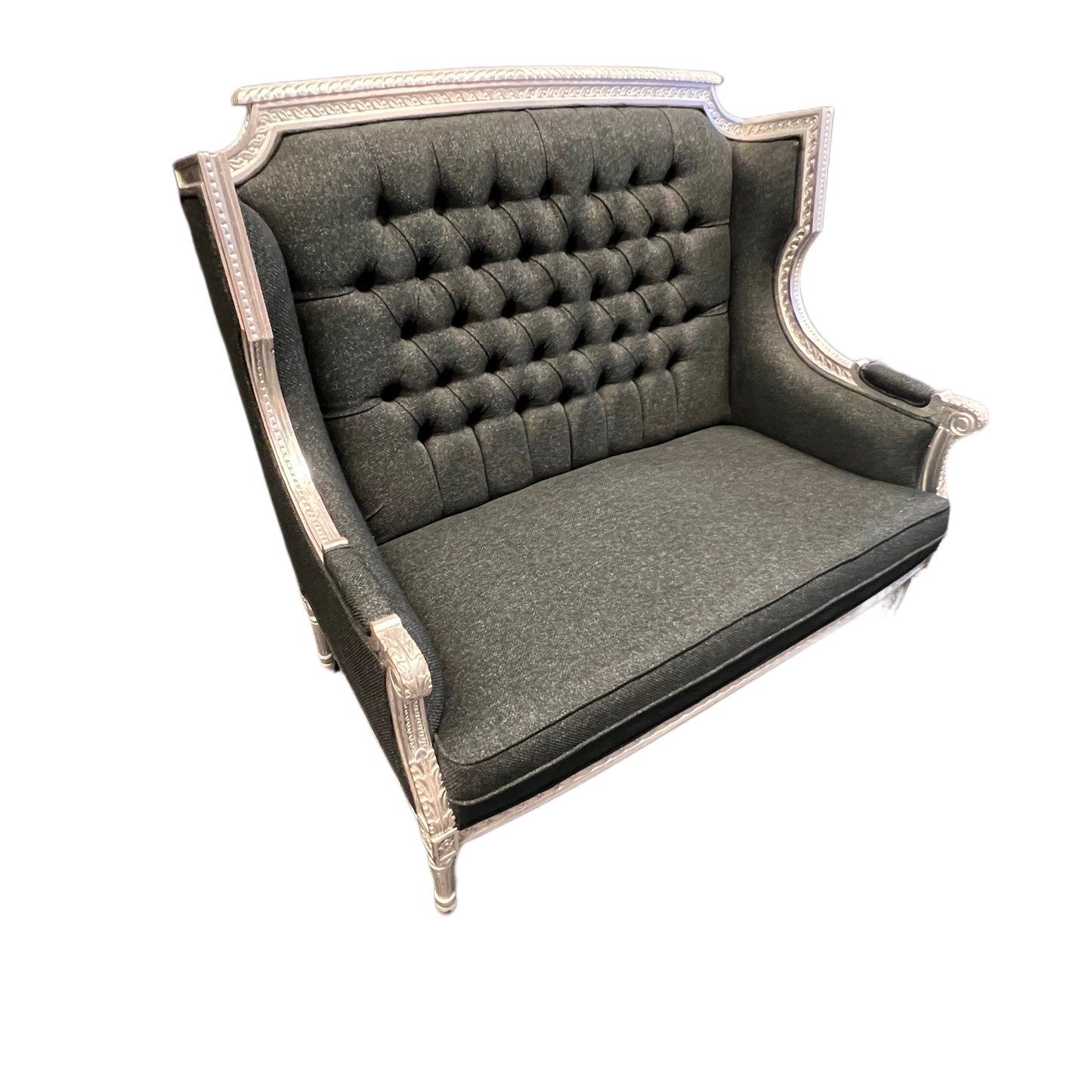 Hand-tufted Solid Wood Silver trim Charcoal-colored Fabric Settee