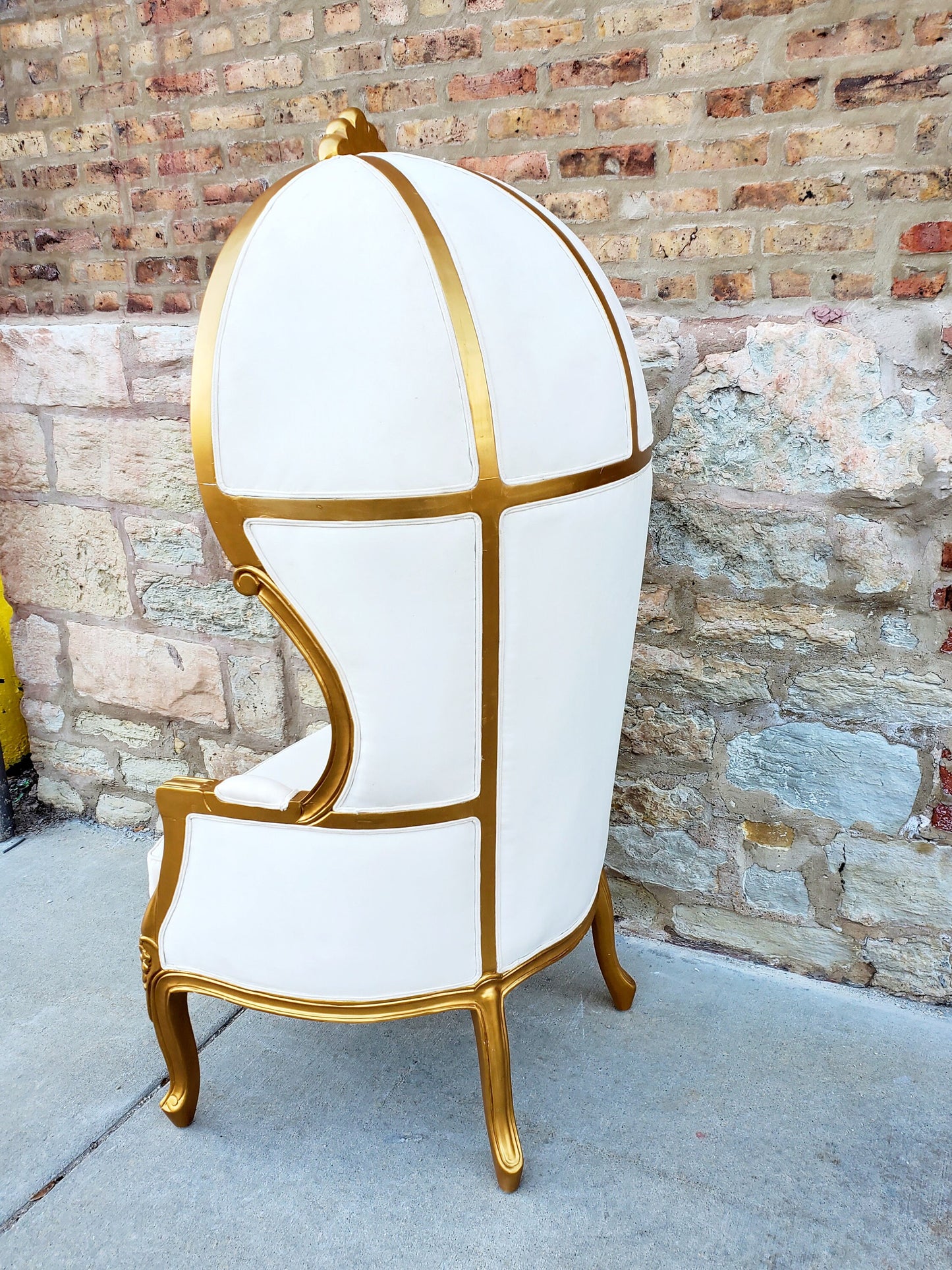 Balloon Chair | Porter Chair | White Linen Throne | Gold Trim | Louis XV Style Tufted Dome Canopy Chair | French Inspired Design
