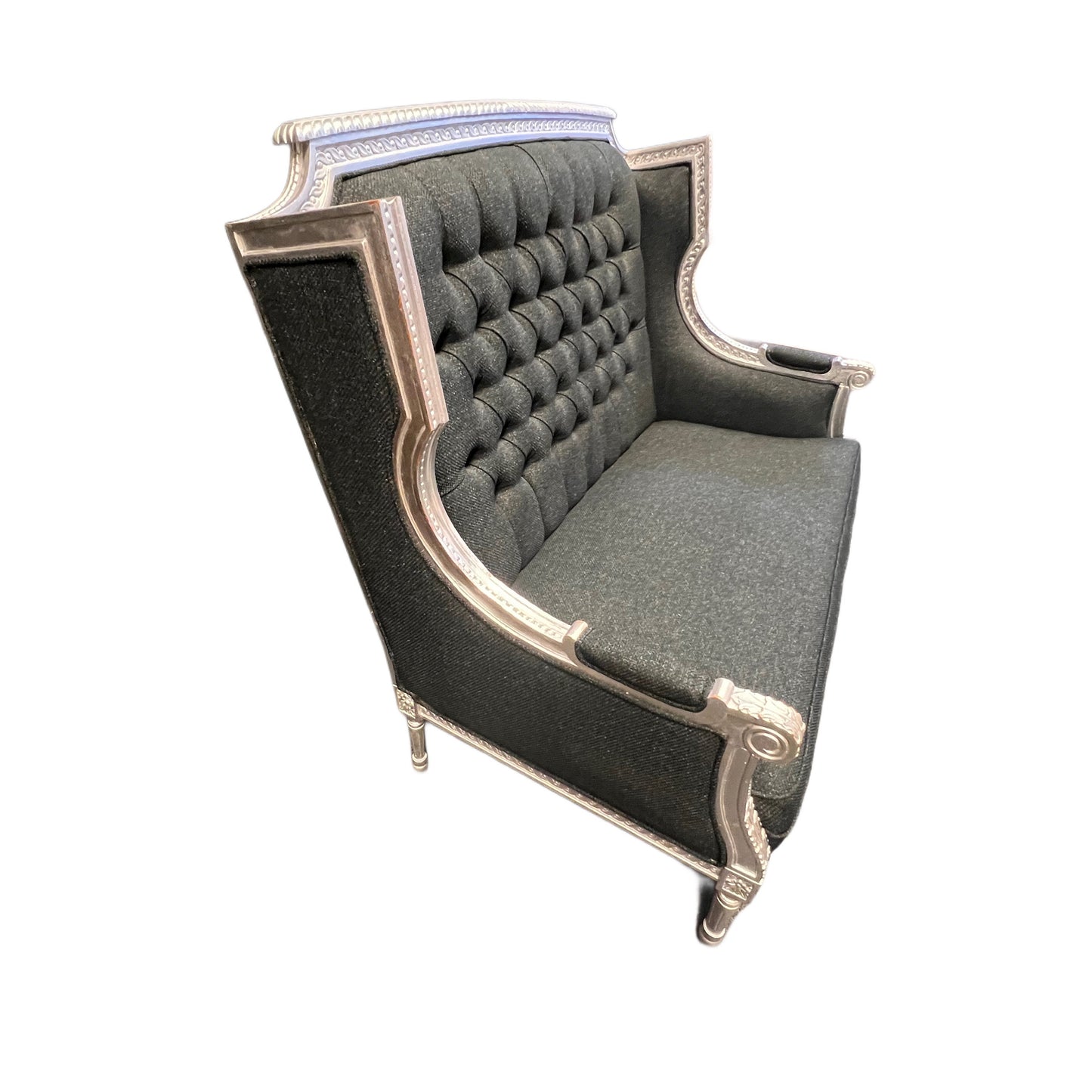 Hand-tufted Solid Wood Silver trim Charcoal-colored Fabric Settee