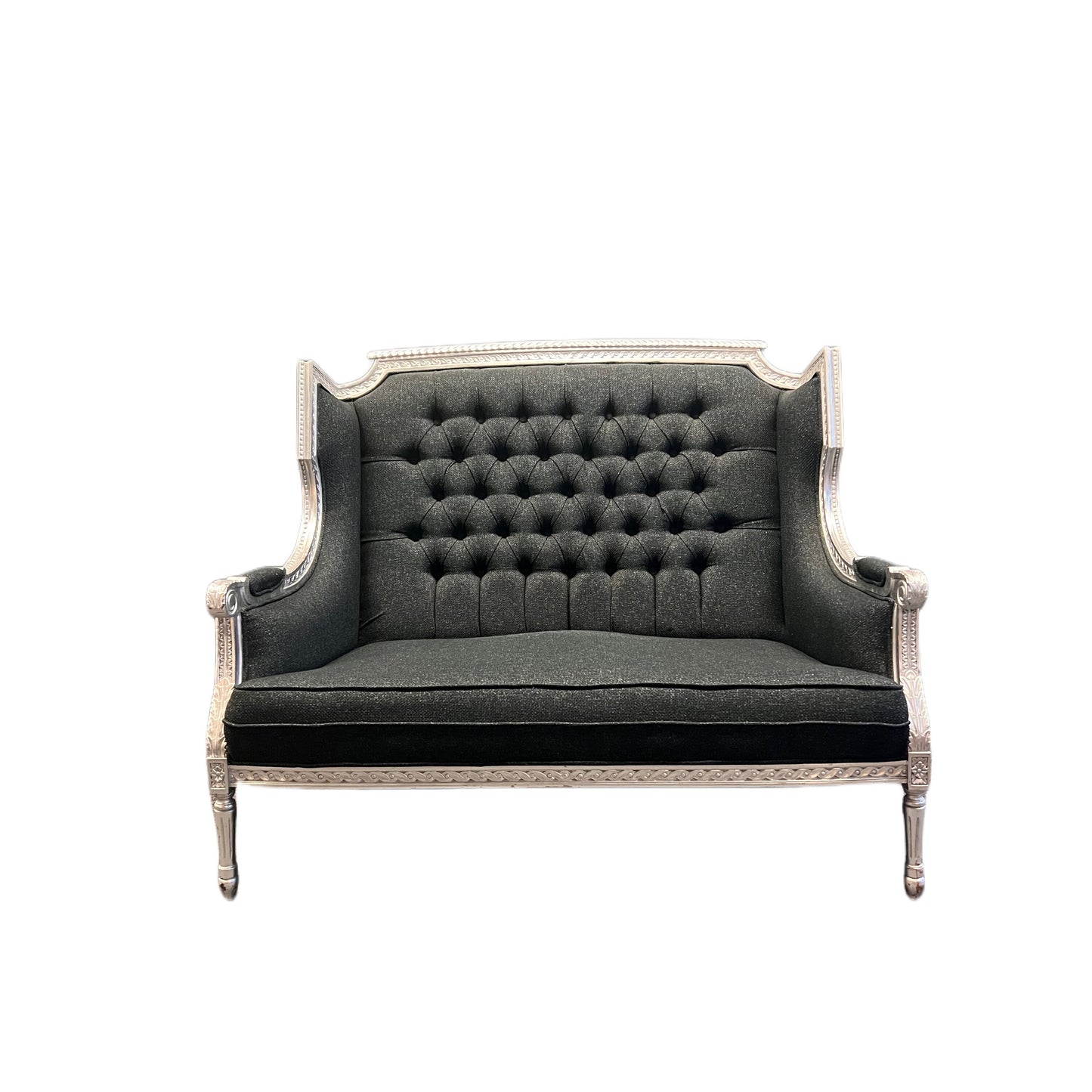 Hand-tufted Solid Wood Silver trim Charcoal-colored Fabric Settee