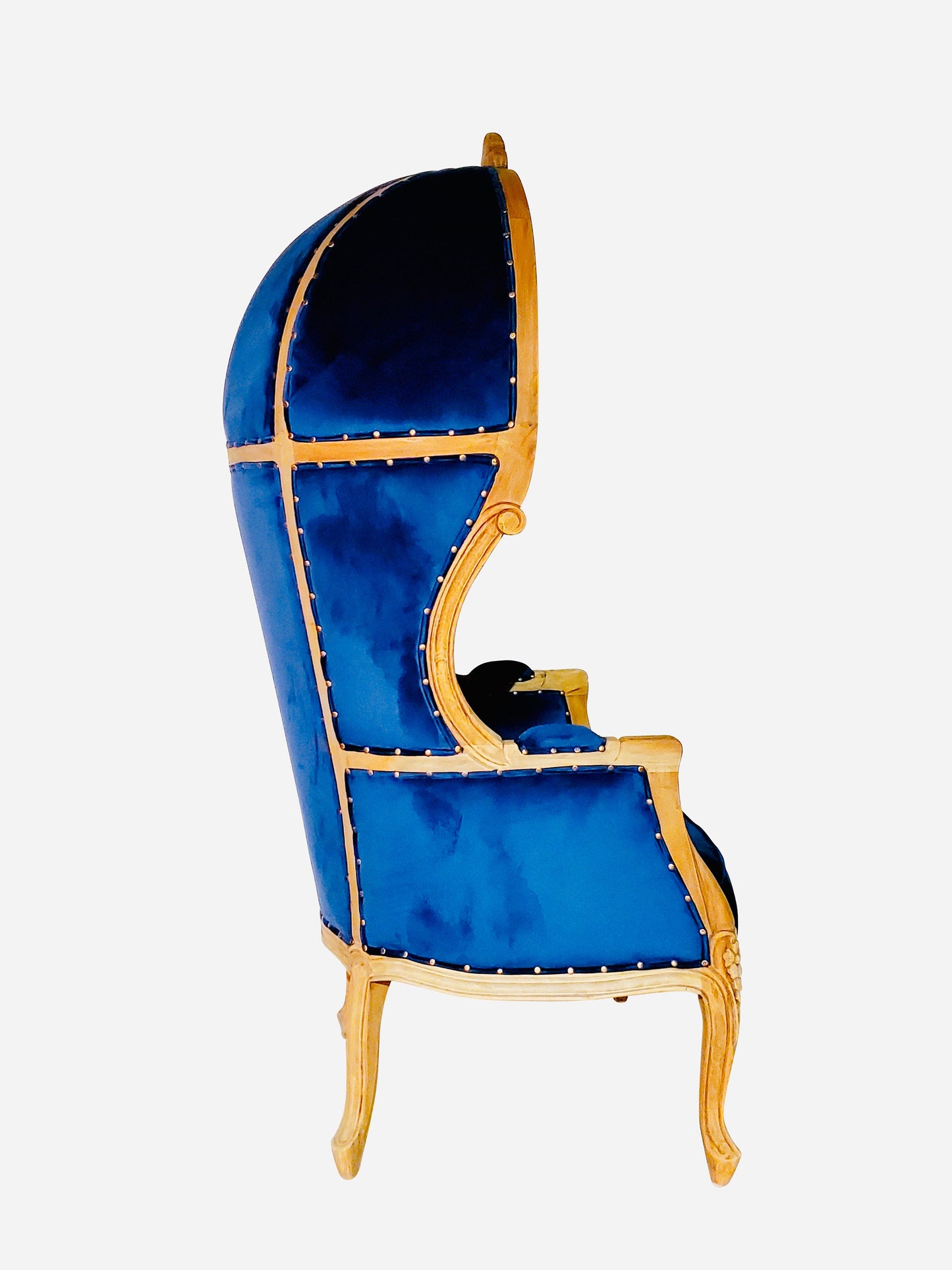 Balloon Chair | Porter Chair | Throne |Louis XV Style Tufted Dome Canopy Chair | Blue Velvet Natural Cedar Trim | French Inspired Design