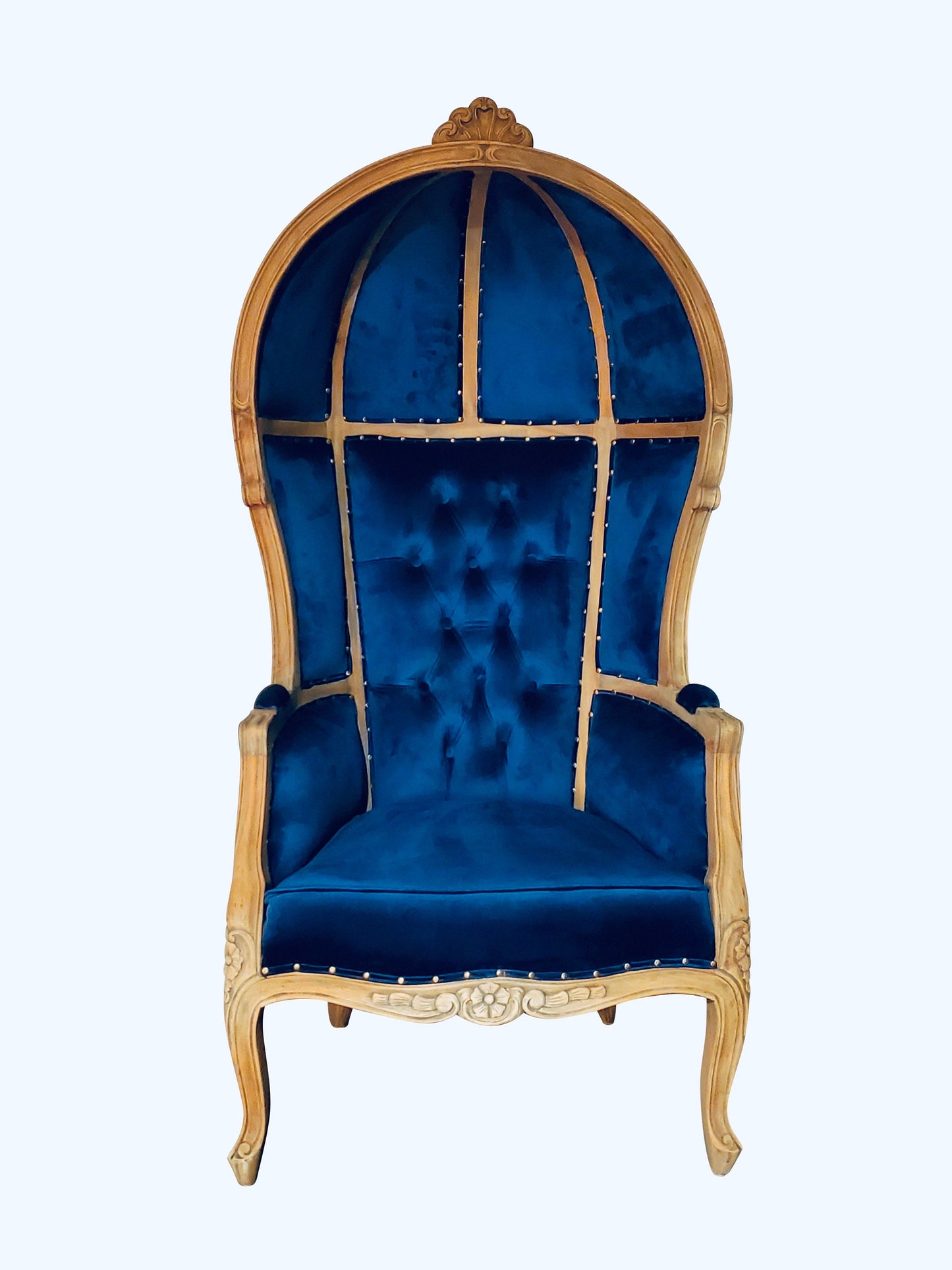 Balloon Chair | Porter Chair | Throne |Louis XV Style Tufted Dome Canopy Chair | Blue Velvet Natural Cedar Trim | French Inspired Design
