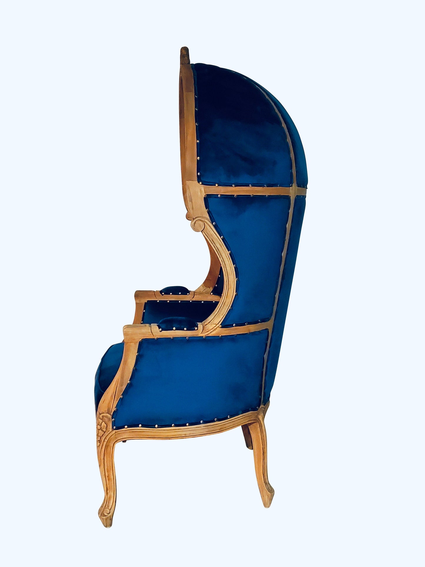 Balloon Chair | Porter Chair | Throne |Louis XV Style Tufted Dome Canopy Chair | Blue Velvet Natural Cedar Trim | French Inspired Design