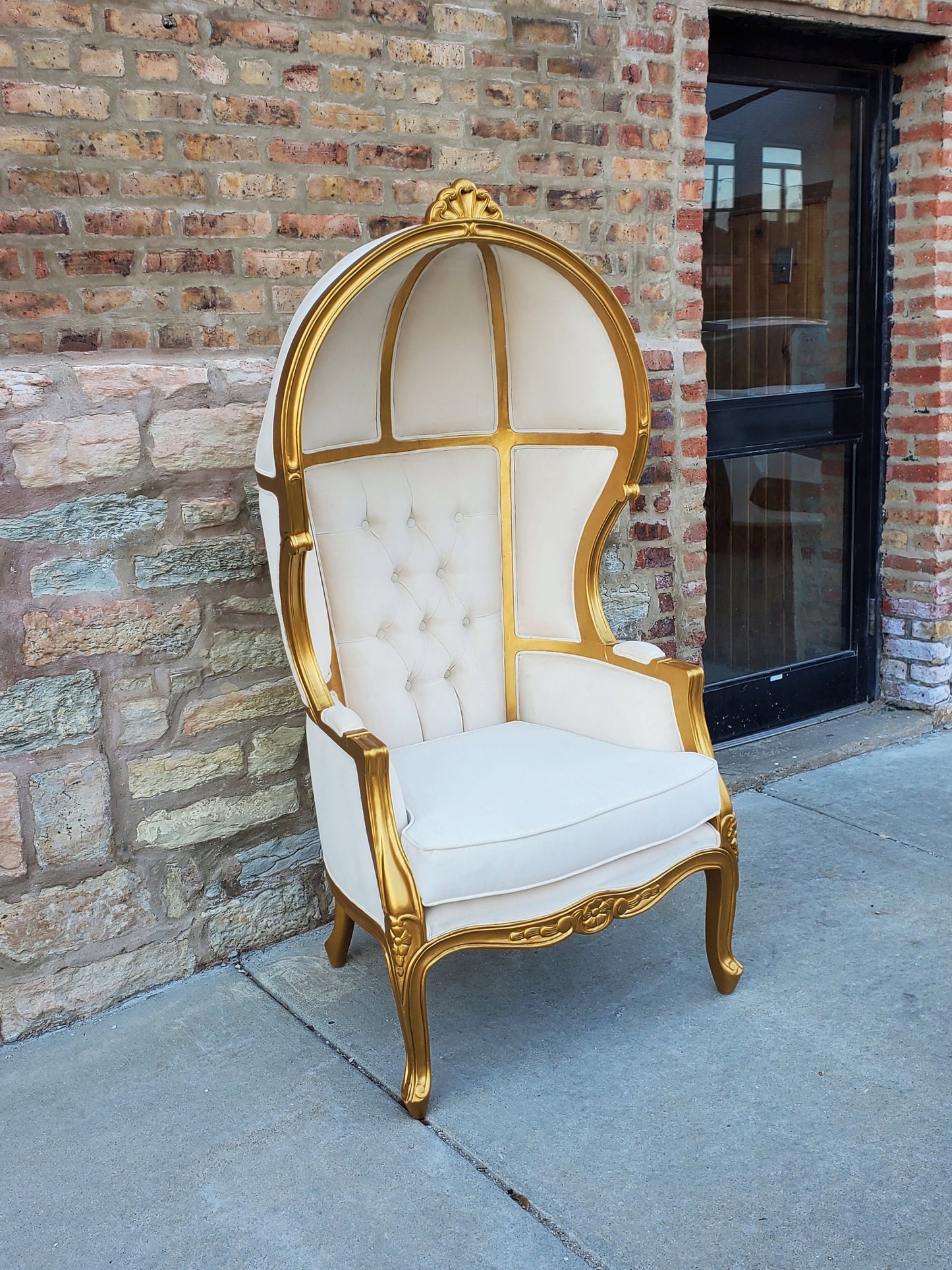 Balloon Chair | Porter Chair | White Linen Throne | Gold Trim | Louis XV Style Tufted Dome Canopy Chair | French Inspired Design