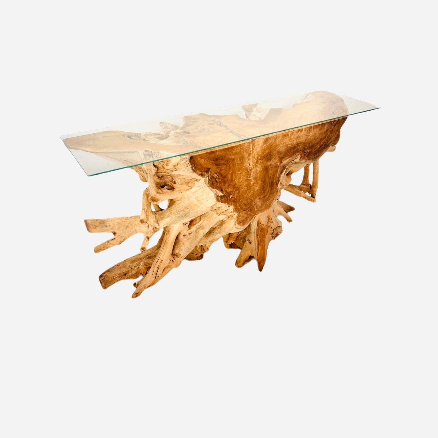 Teak Wood Root Console Table with Glass Top