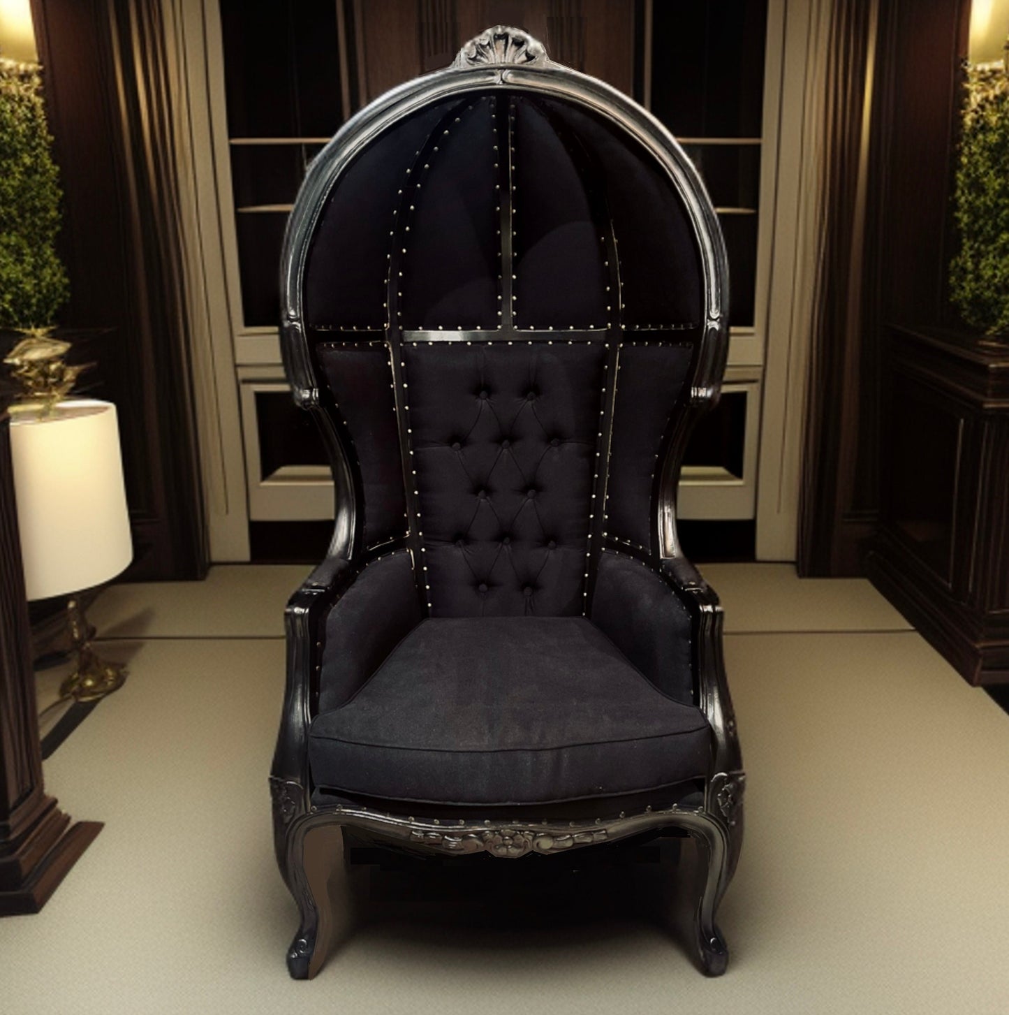 Balloon Chair  | Porter Chair | Throne | Louis XV Style Tufted Dome Canopy Chair | Black Velvet Black Trim | French Inspired Design