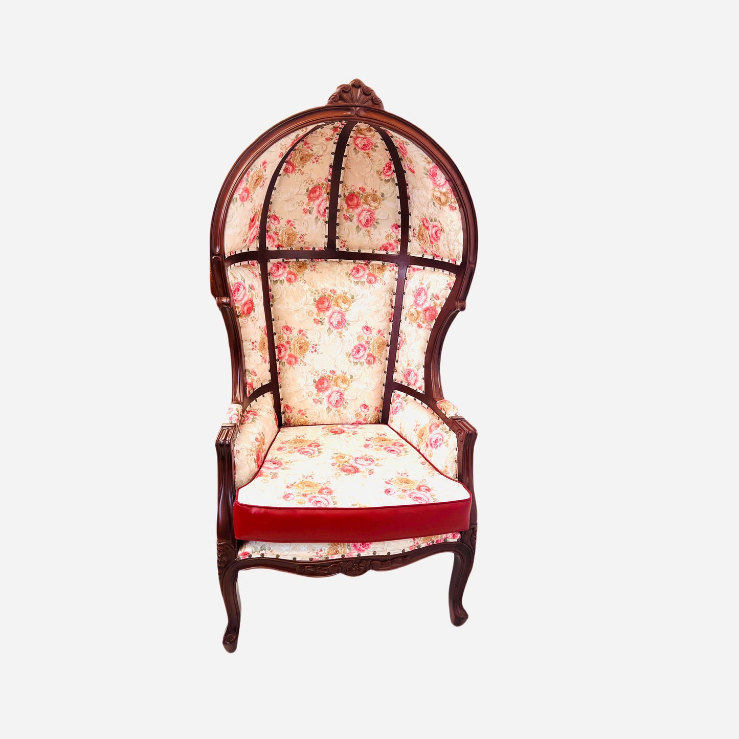 Balloon Chair | Porter Chair | Leather Throne | Louis XV Style Dome Canopy Chair | Red and Pink | French Inspired Design