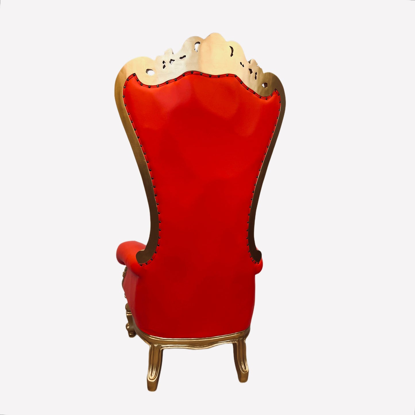 Throne Chair | Mahogany Wood Queen Ornate Frame Tufted Red Faux Leather Wedding Birthday Sweet 16 Quinceañera Graduation Party Foyer Lobby