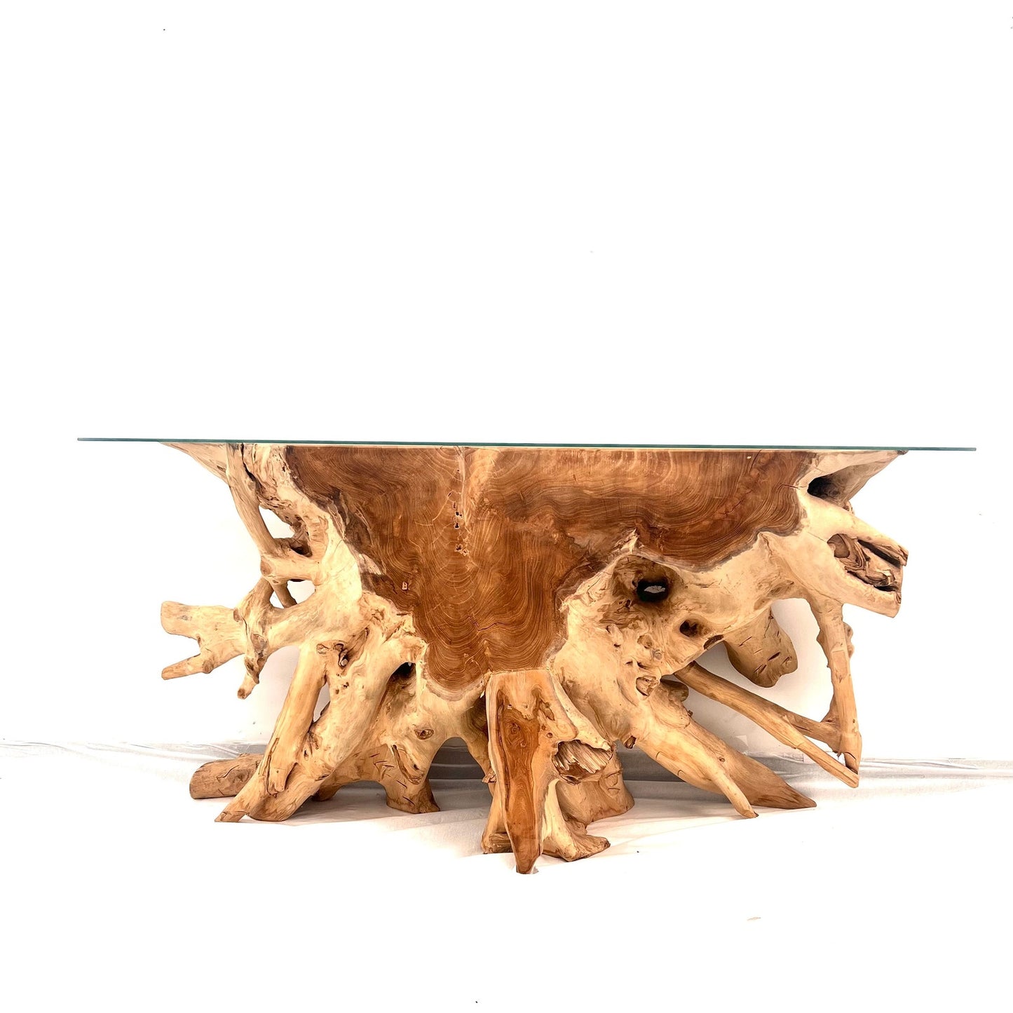 Teak Wood Root Console Table with Glass Top