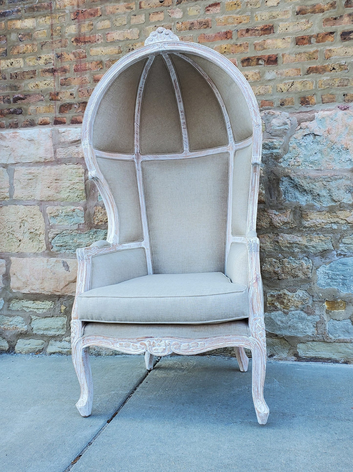 Balloon Chair | Porter Chair | Throne | Louis XV Style Dome Canopy Chair | Beige Fabric White-wash Trim | French Inspired Design