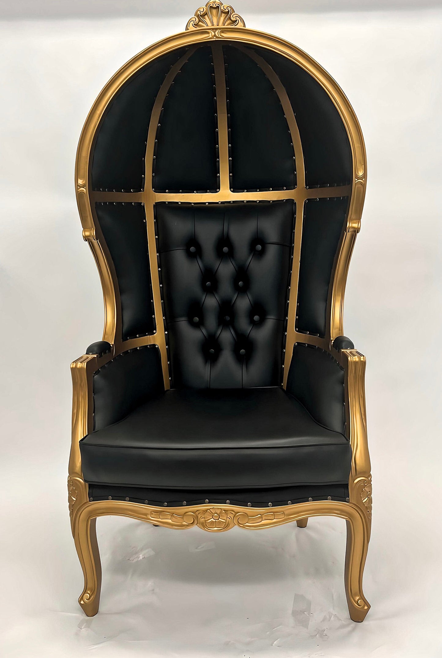 Balloon Chair | Porter Chair | Throne | Louis XV Style Tufted Dome Canopy Chair | Black Leather Gold Trim | French Inspired Design