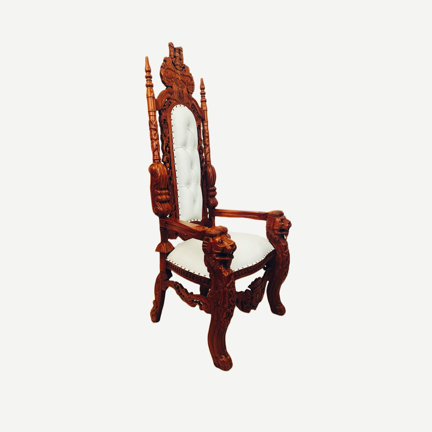 Throne Chair | King | Mahogany wood | Genuine Leather | White | Lion Head