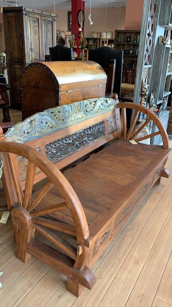 Reclaimed Teakwood Wagon Wheel Bench