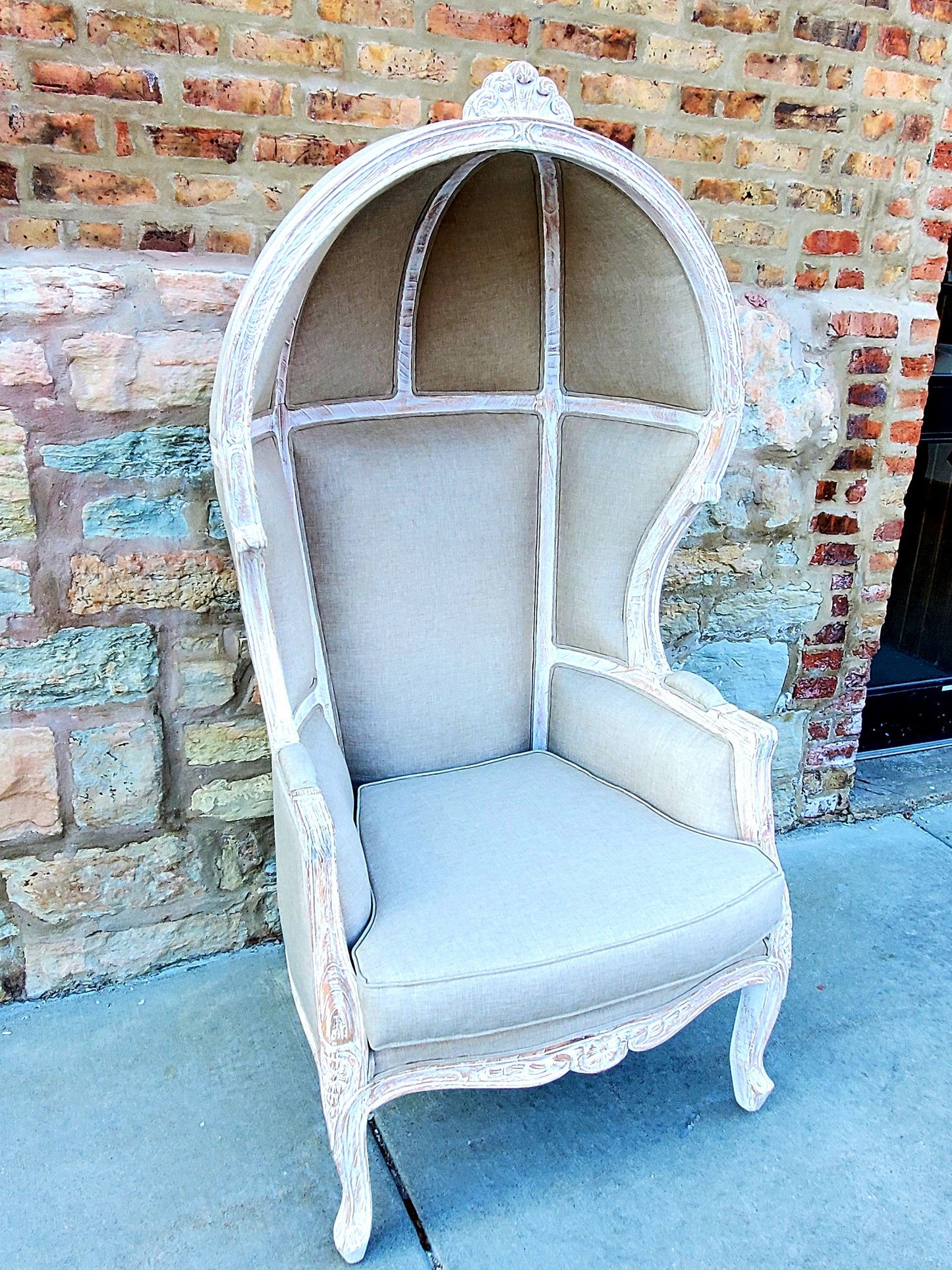 Balloon Chair | Porter Chair | Throne | Louis XV Style Dome Canopy Chair | Beige Fabric White-wash Trim | French Inspired Design