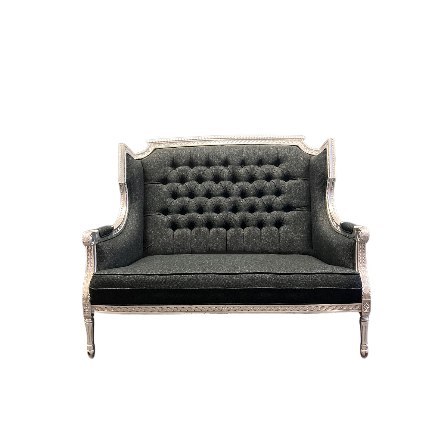 Hand-tufted Solid Wood Silver trim Charcoal-colored Fabric Settee