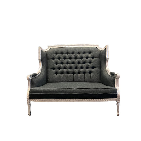 Hand-tufted Solid Wood Silver trim Charcoal-colored Fabric Settee