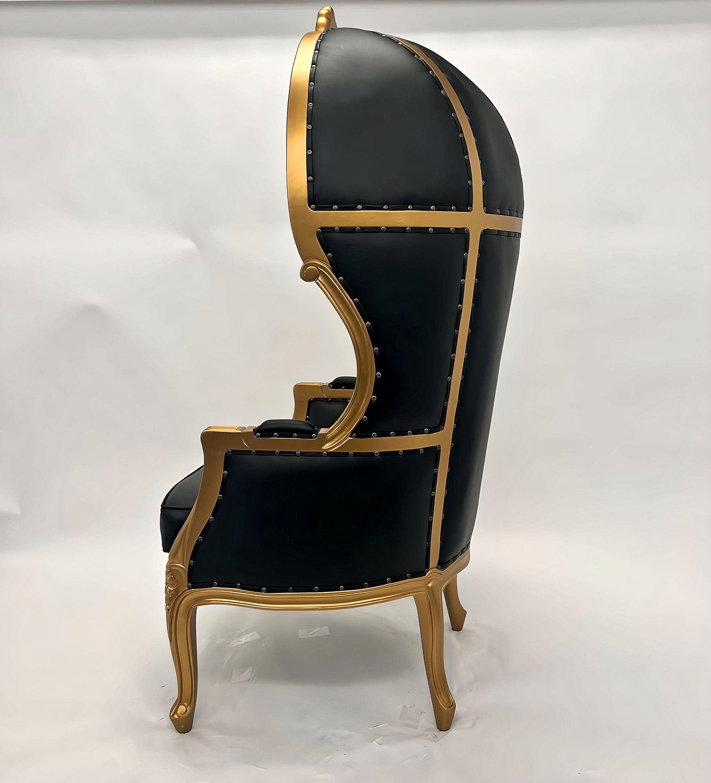 Balloon Chair | Porter Chair | Throne | Louis XV Style Tufted Dome Canopy Chair | Black Leather Gold Trim | French Inspired Design