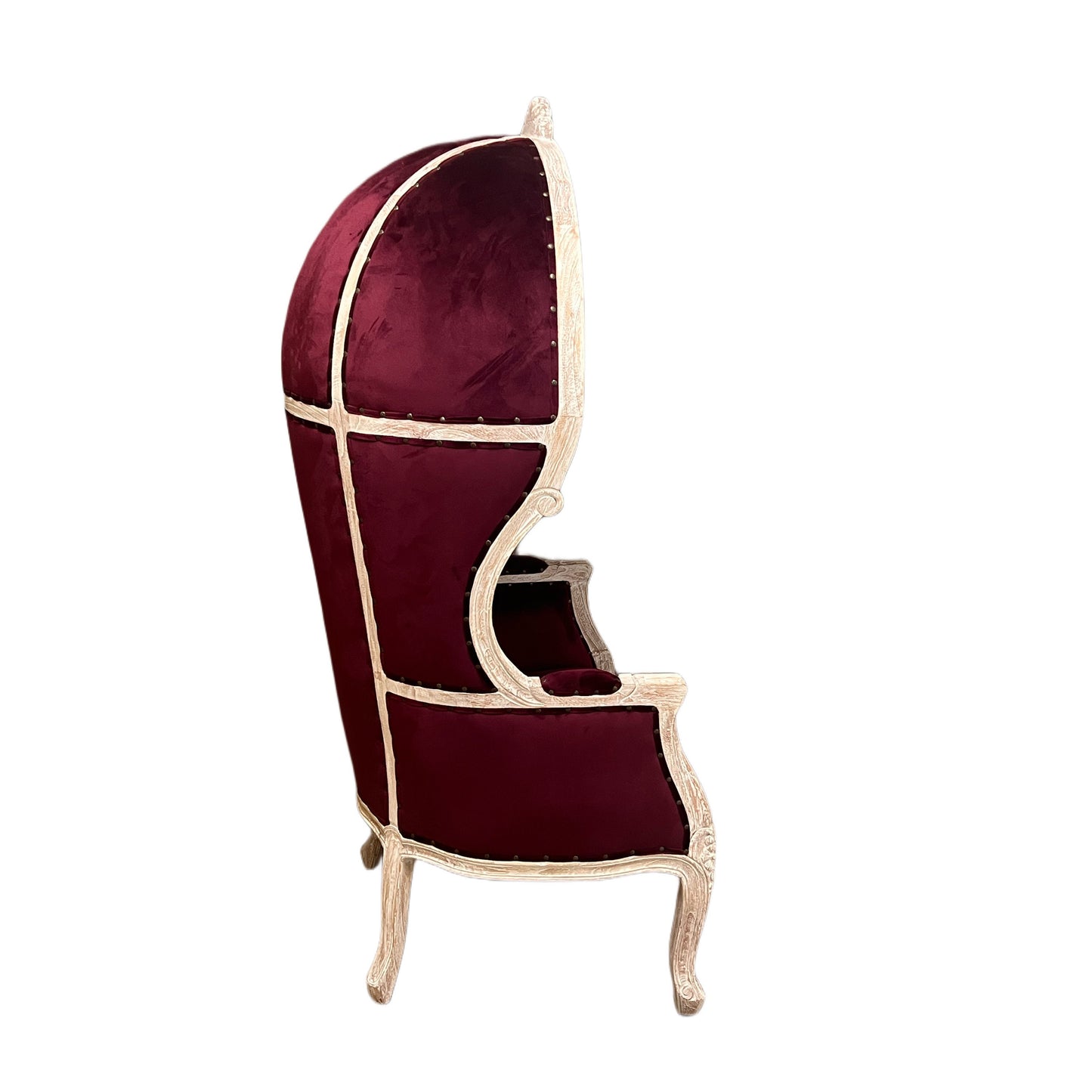 Balloon Chair | Porter Chair | Throne | Louis XV Style Tufted Dome Canopy Chair | Burgundy Velvet White-Wash Trim