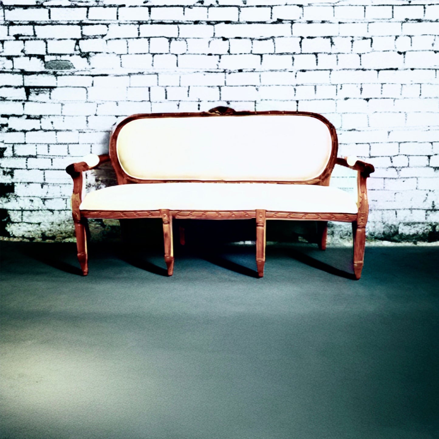 French Teakwood Velvet Loveseat, Sofa