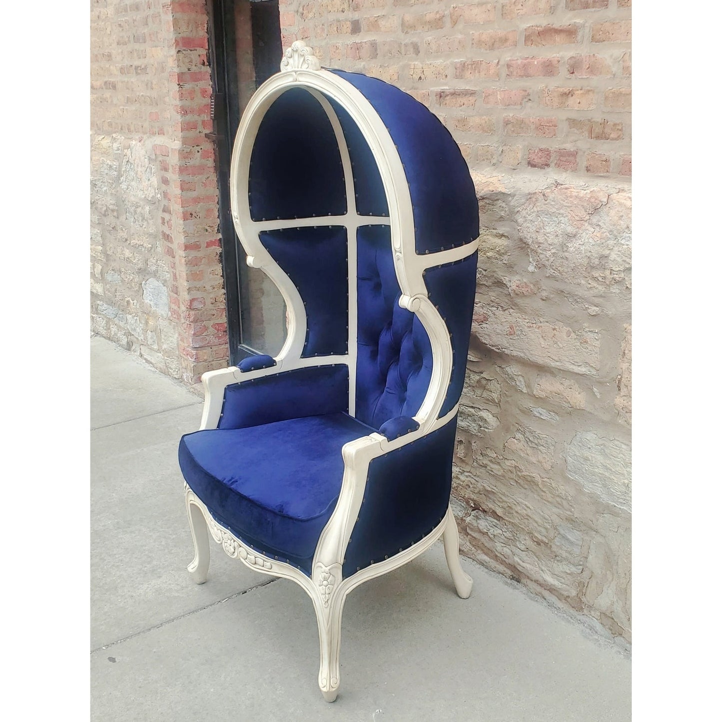 Balloon Chair | Porter Chair | Throne |Louis XV Style Tufted Dome Canopy Chair | Blue Velvet White Trim | French Inspired Design