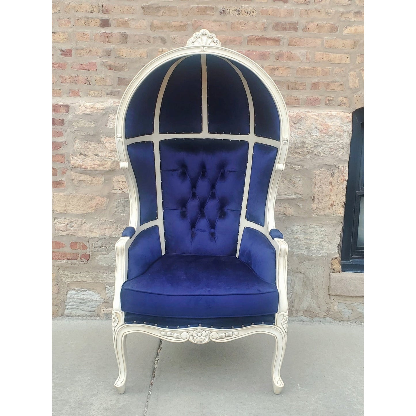 Balloon Chair | Porter Chair | Throne |Louis XV Style Tufted Dome Canopy Chair | Blue Velvet White Trim | French Inspired Design