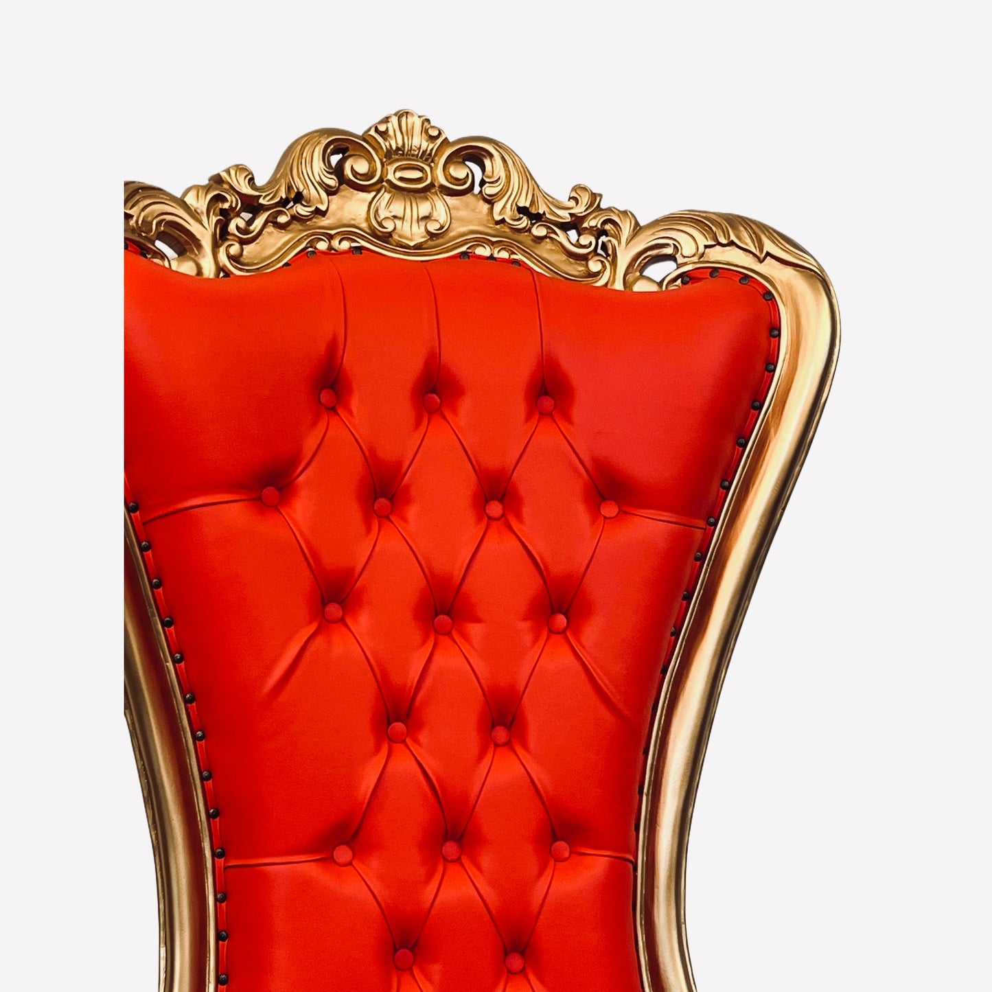 Throne Chair | Mahogany Wood Queen Ornate Frame Tufted Red Faux Leather Wedding Birthday Sweet 16 Quinceañera Graduation Party Foyer Lobby
