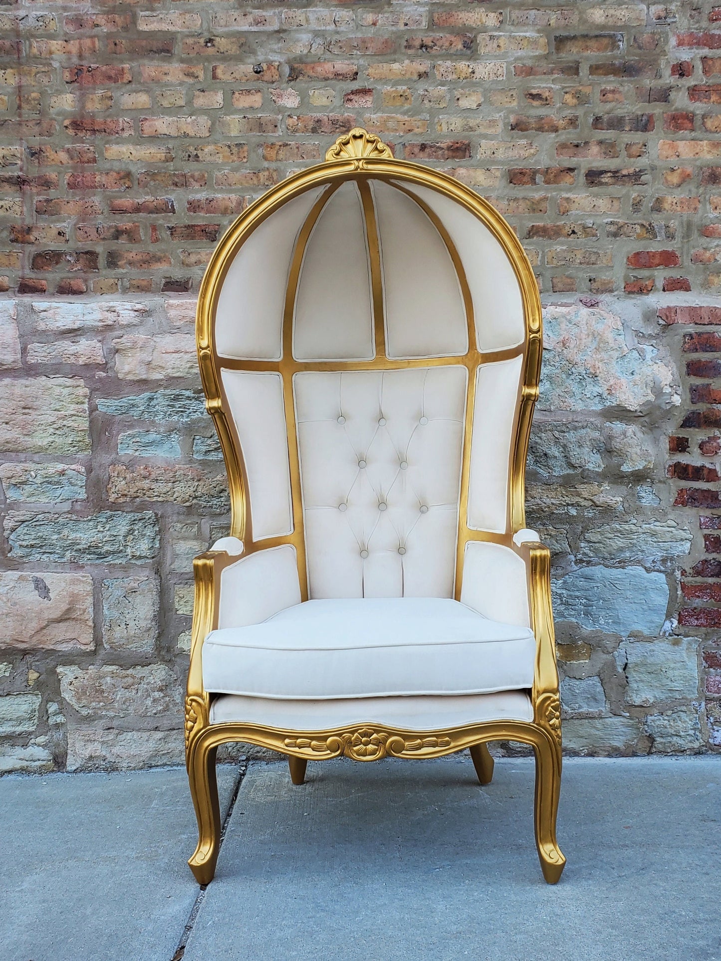 Balloon Chair | Porter Chair | White Linen Throne | Gold Trim | Louis XV Style Tufted Dome Canopy Chair | French Inspired Design