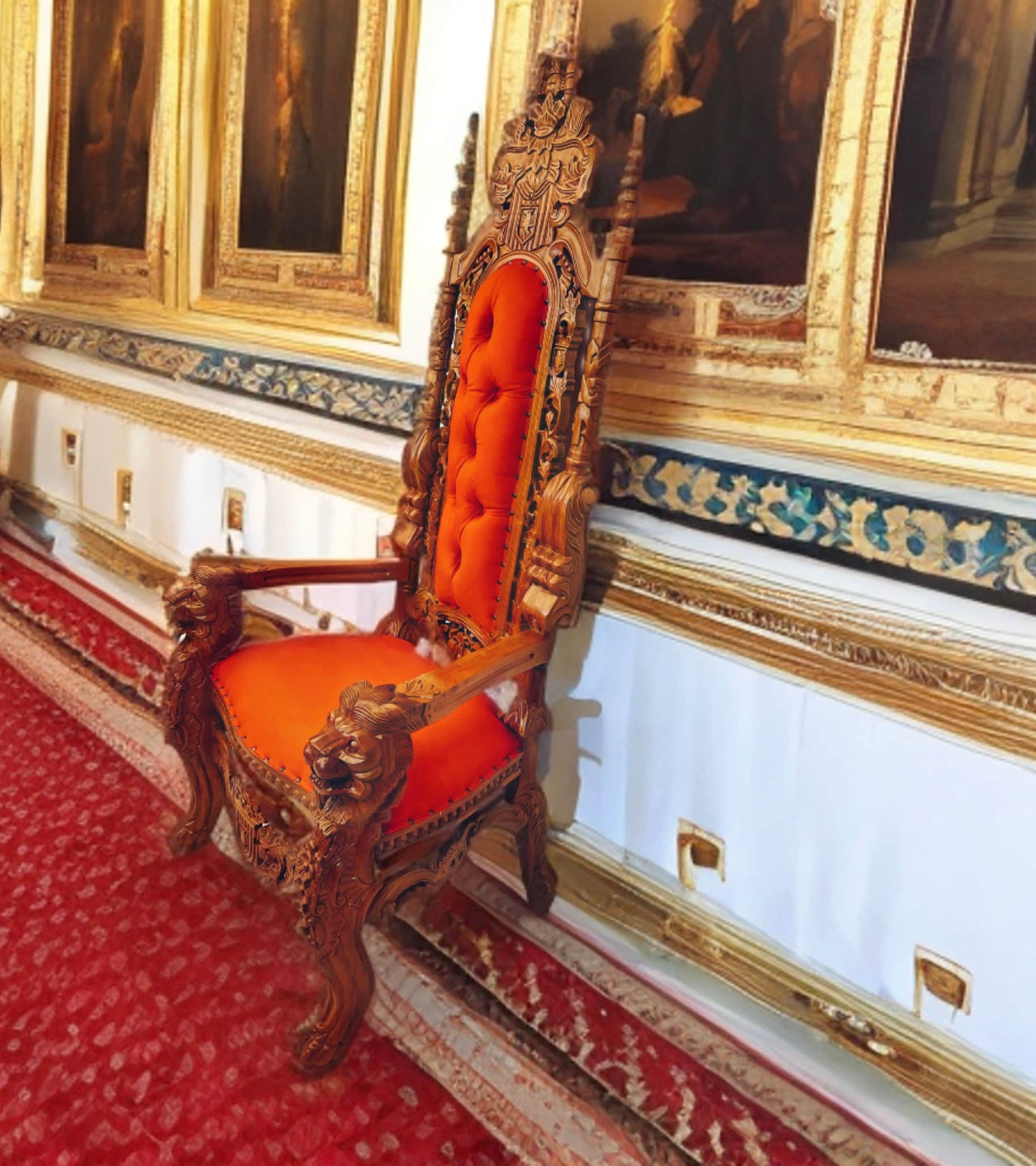 Throne Chair | King Throne Chair | Mahogany wood | Red | Lion Head