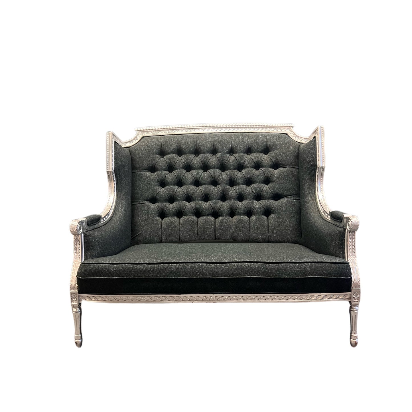 Hand-tufted Solid Wood Silver trim Charcoal-colored Fabric Settee