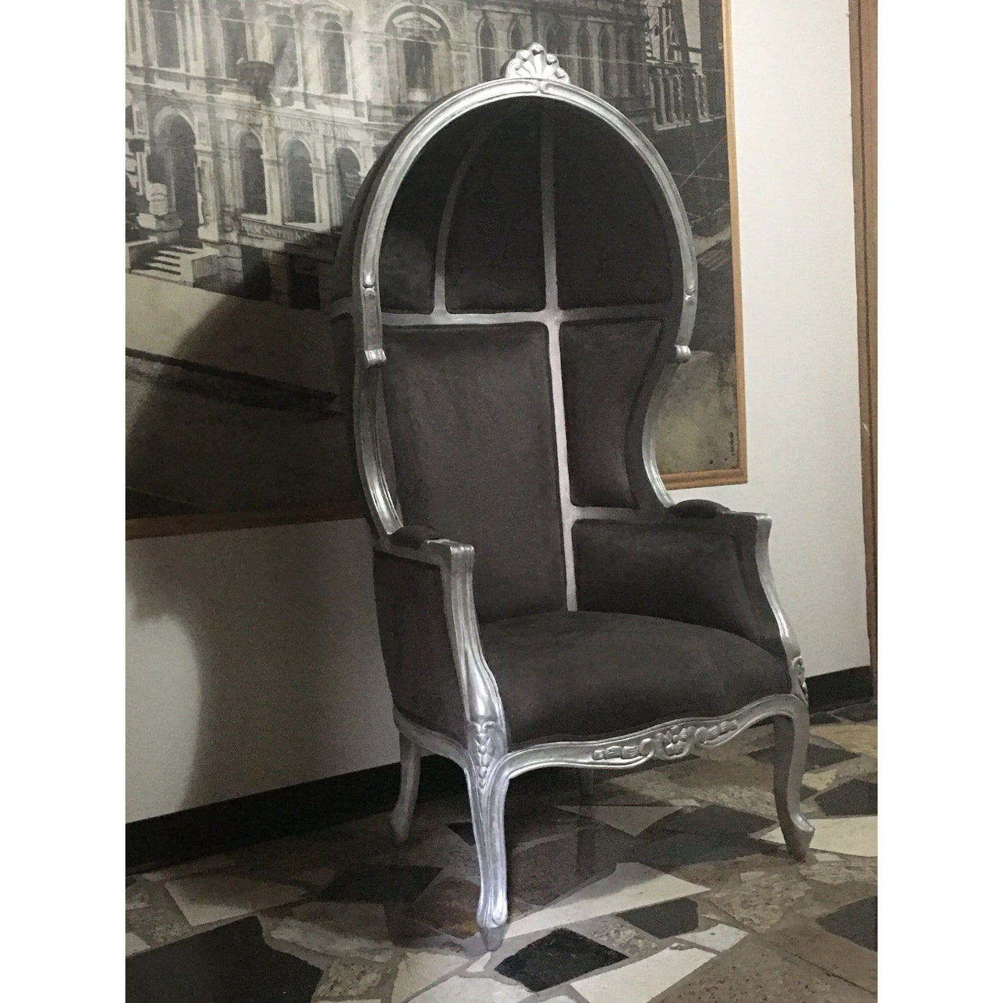 Balloon Chair | Porter Chair | Throne |Louis XV Style Dome Canopy Chair | Silver Trim | French Inspired Design