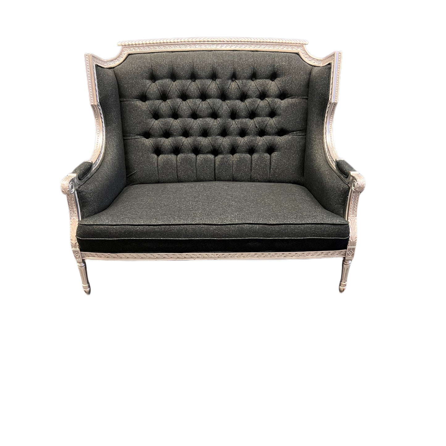 Hand-tufted Solid Wood Silver trim Charcoal-colored Fabric Settee