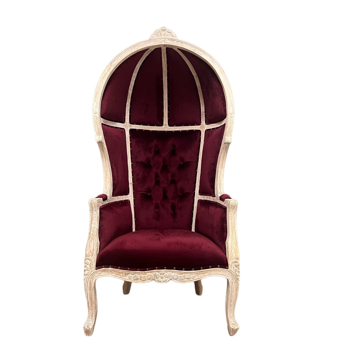 Balloon Chair | Porter Chair | Throne | Louis XV Style Tufted Dome Canopy Chair | Burgundy Velvet White-Wash Trim