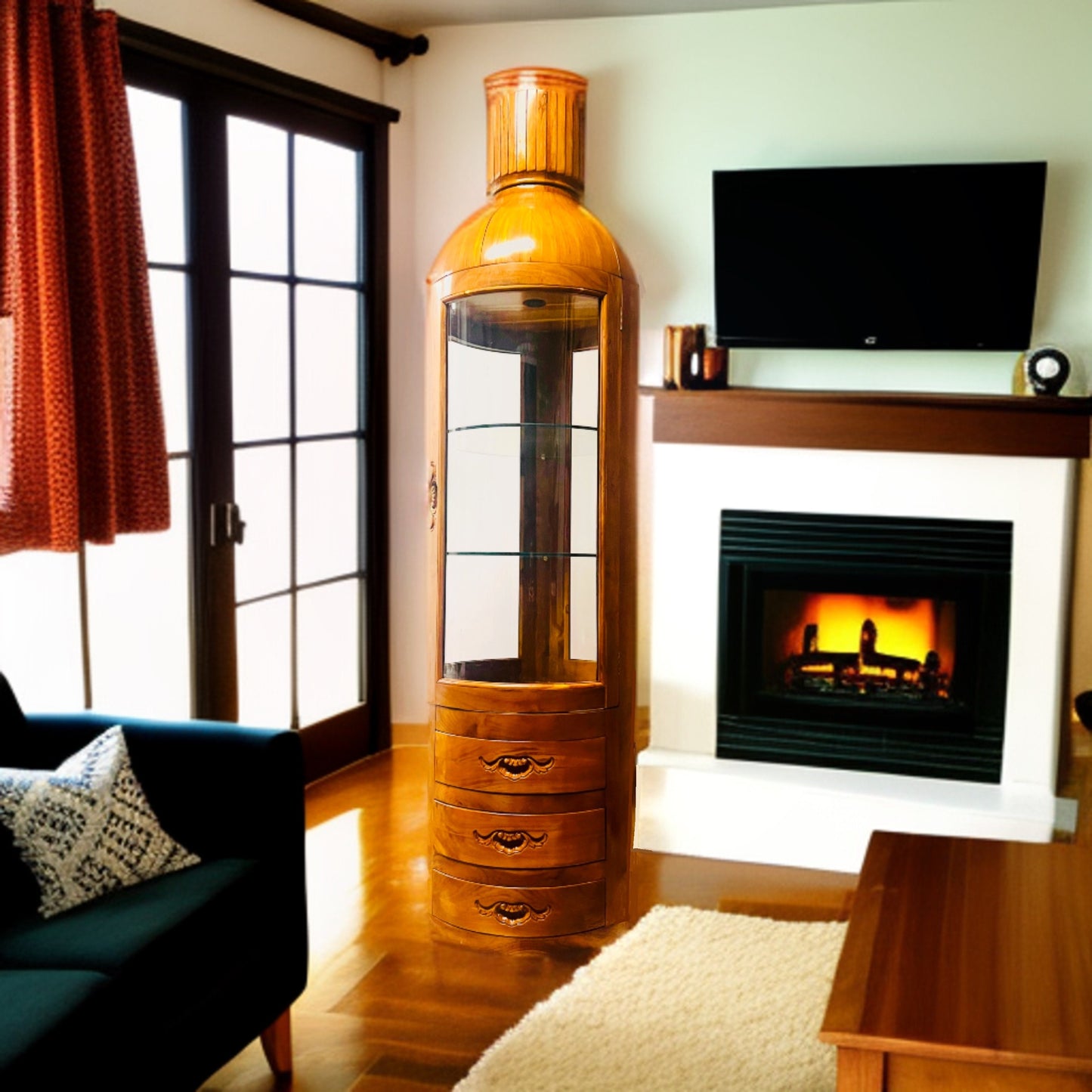 Teak Bottle Shaped Display Cabinet Glass Displays Wooden Drawers Unique Teak Display Cabinet Glass Display Cabinet Showcase Cabinet