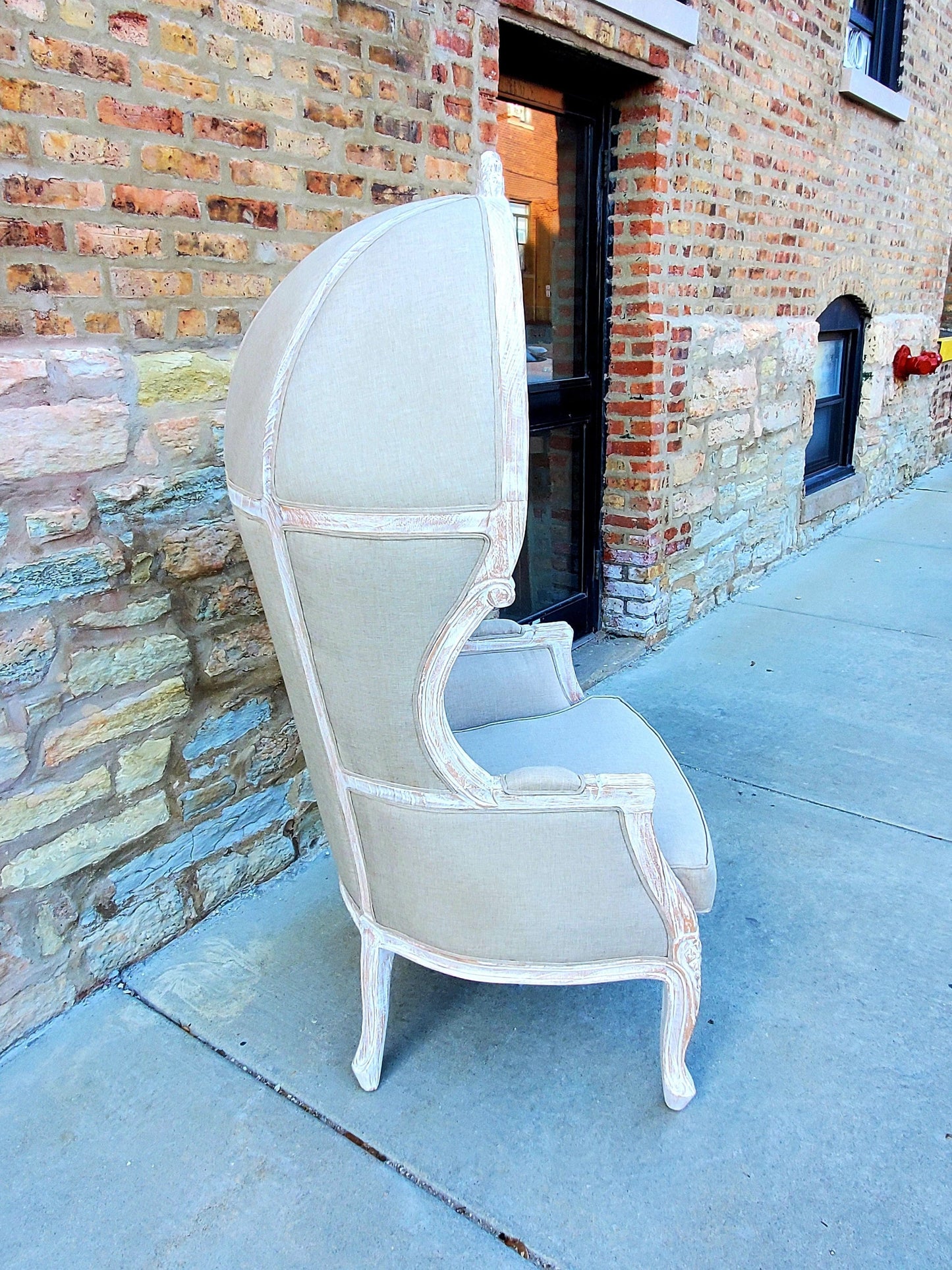 Balloon Chair | Porter Chair | Throne | Louis XV Style Dome Canopy Chair | Beige Fabric White-wash Trim | French Inspired Design
