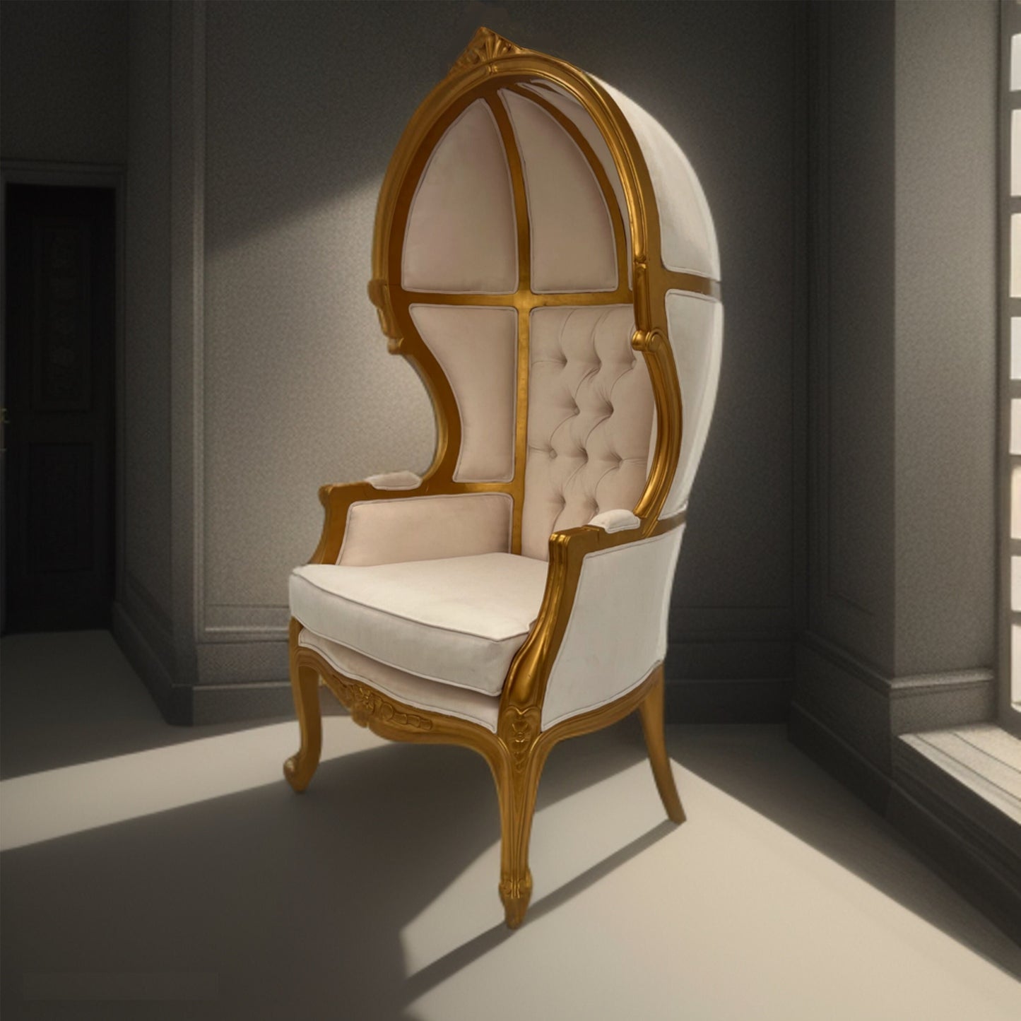 Balloon Chair | Porter Chair | White Linen Throne | Gold Trim | Louis XV Style Tufted Dome Canopy Chair | French Inspired Design