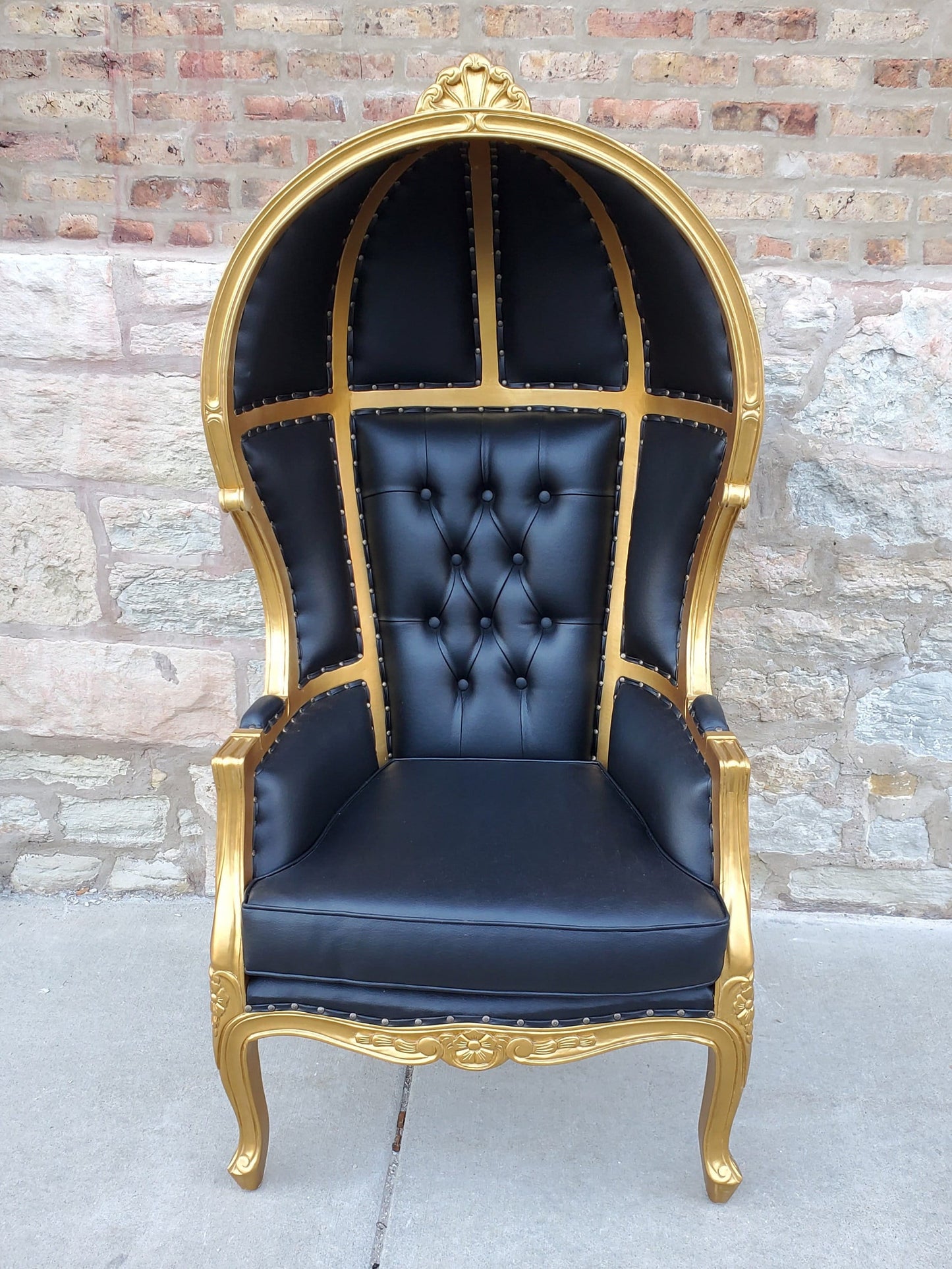 Balloon Chair | Porter Chair | Throne | Louis XV Style Tufted Dome Canopy Chair | Black Leather Gold Trim | French Inspired Design