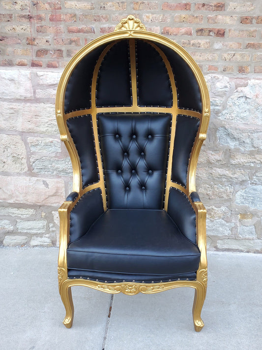 Balloon Chair | Porter Chair | Throne | Louis XV Style Tufted Dome Canopy Chair | Black Leather Gold Trim | French Inspired Design