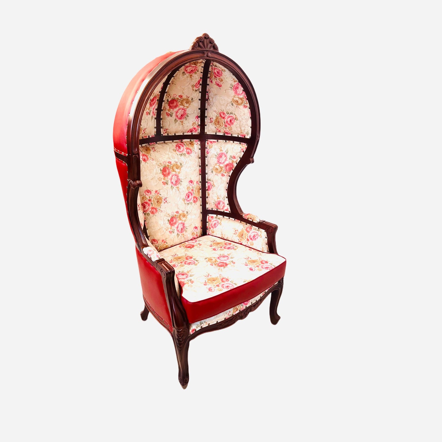 Balloon Chair | Porter Chair | Leather Throne | Louis XV Style Dome Canopy Chair | Red and Pink | French Inspired Design