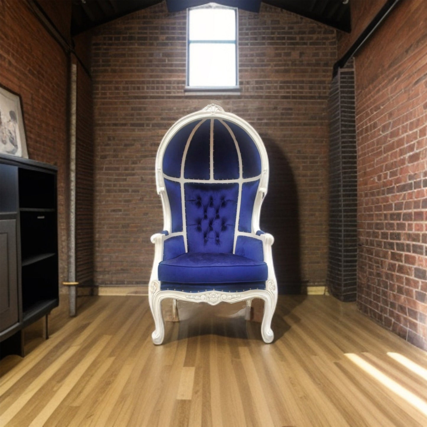 Balloon Chair | Porter Chair | Throne |Louis XV Style Tufted Dome Canopy Chair | Blue Velvet White Trim | French Inspired Design
