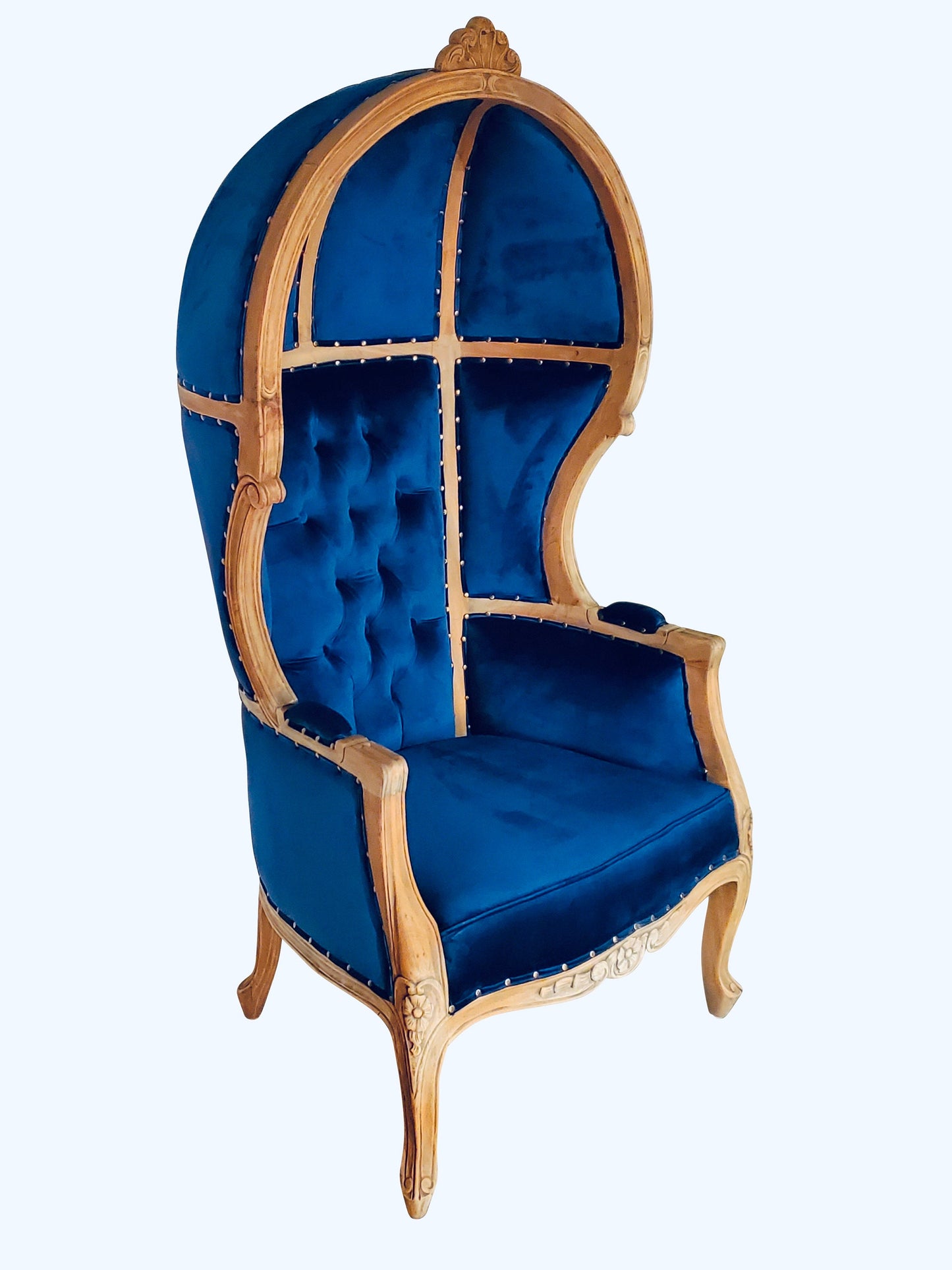 Balloon Chair | Porter Chair | Throne |Louis XV Style Tufted Dome Canopy Chair | Blue Velvet Natural Cedar Trim | French Inspired Design