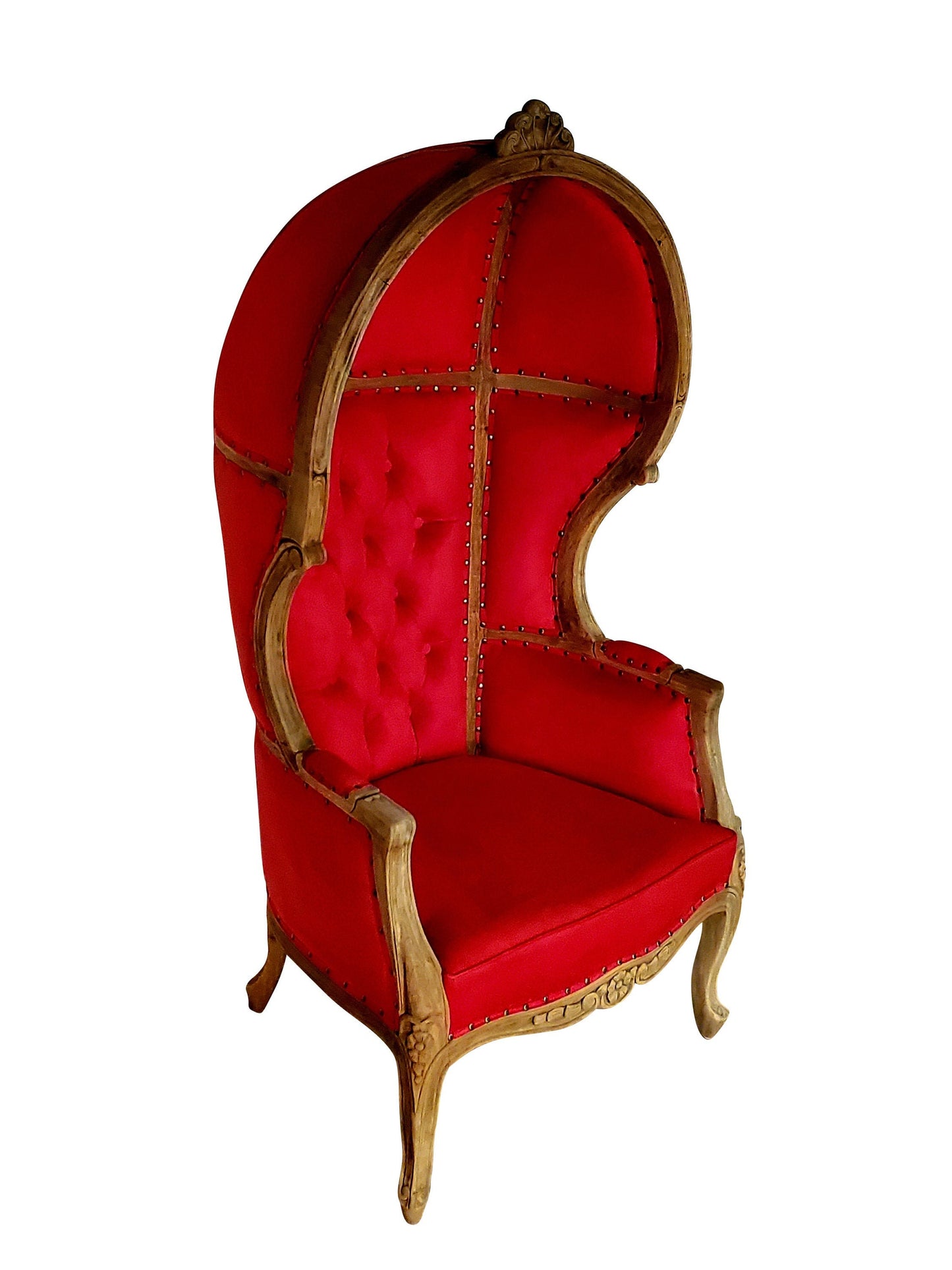 Balloon Chair | Porter Chair | Throne |Louis XV Style Tufted Dome Canopy Chair | Red Velvet Natural Cedar Trim | French Inspired Design