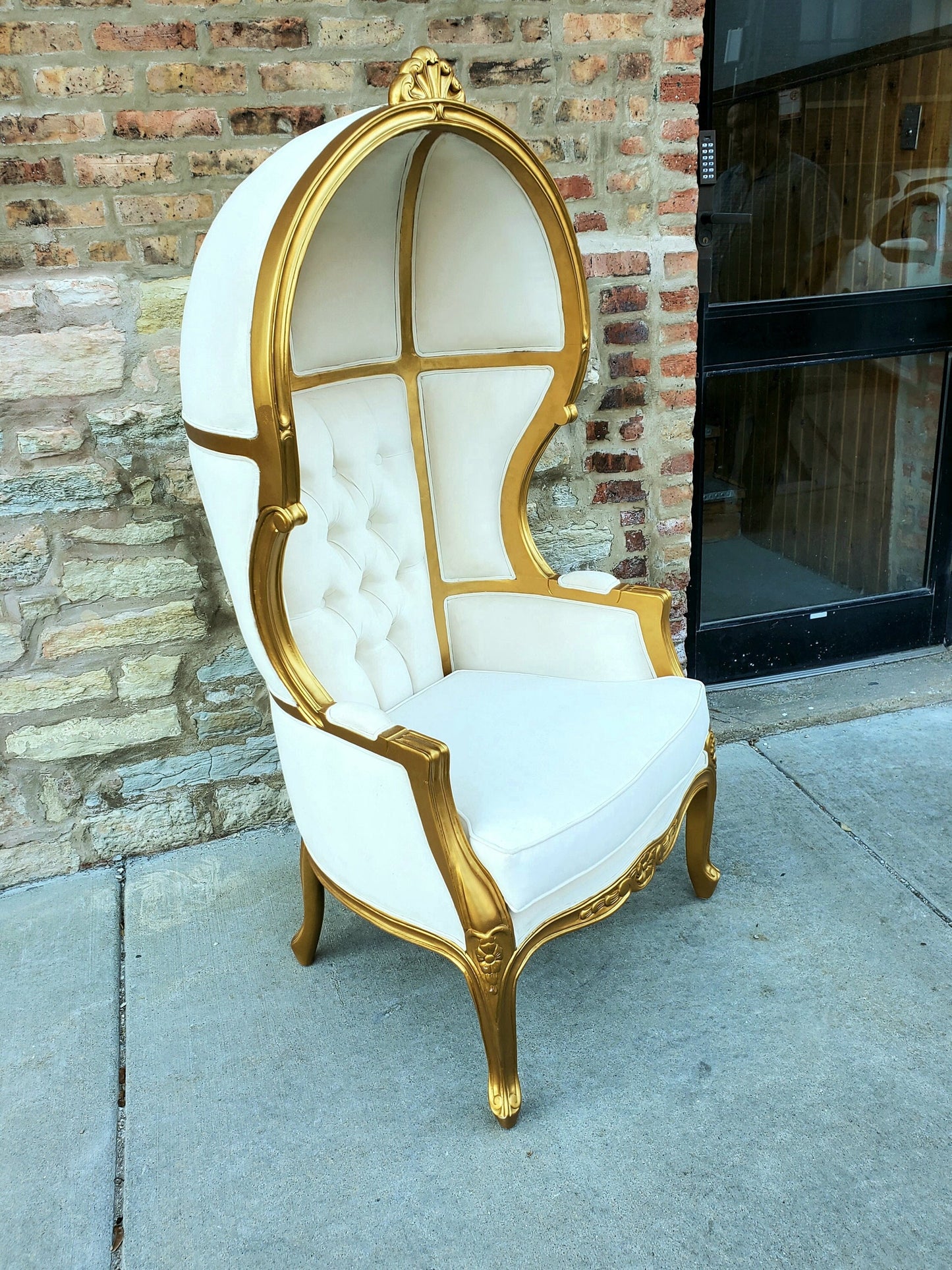 Balloon Chair | Porter Chair | White Linen Throne | Gold Trim | Louis XV Style Tufted Dome Canopy Chair | French Inspired Design