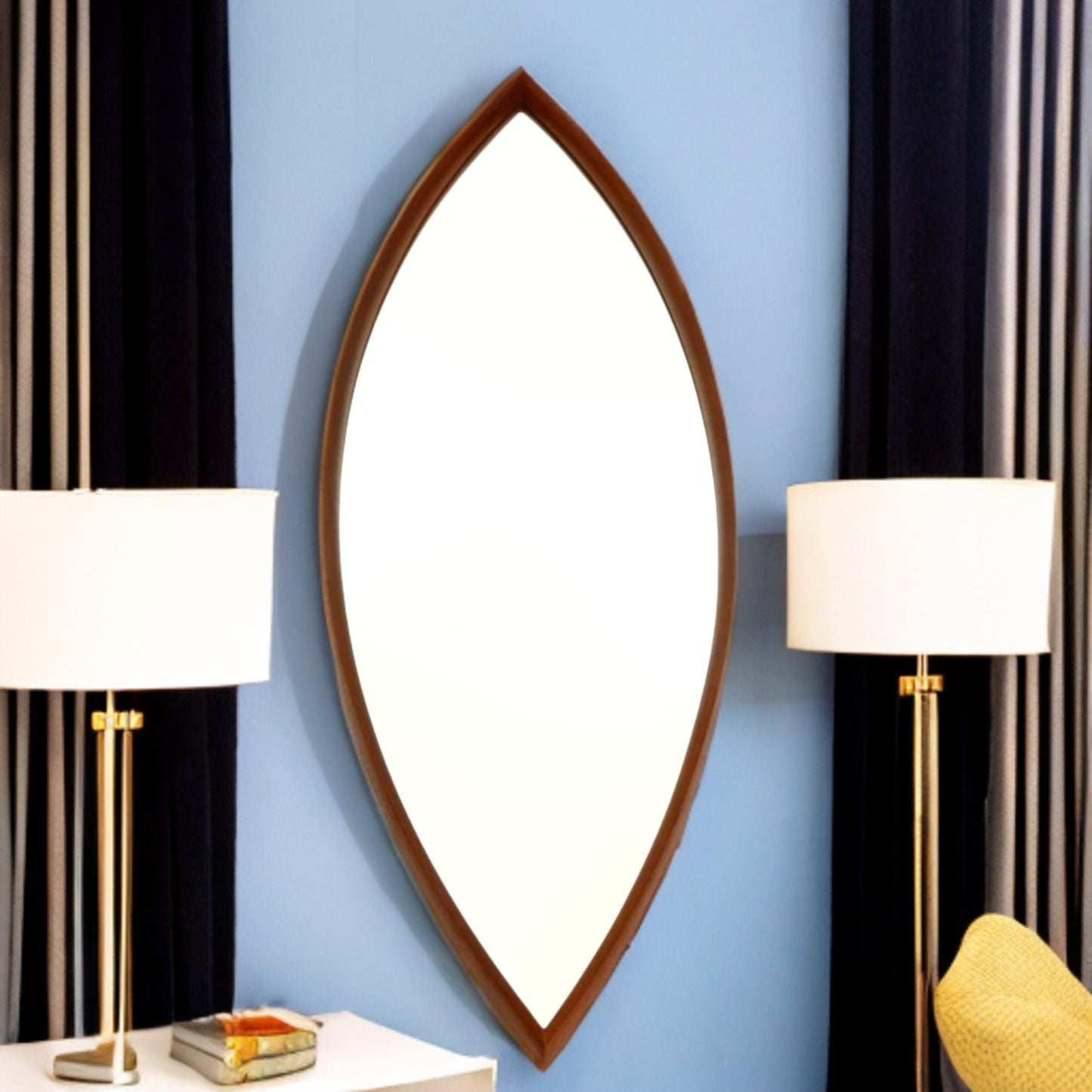 Solid Teakwood Mid-century Modern Syroco mirror oblong cat eye oval mirror