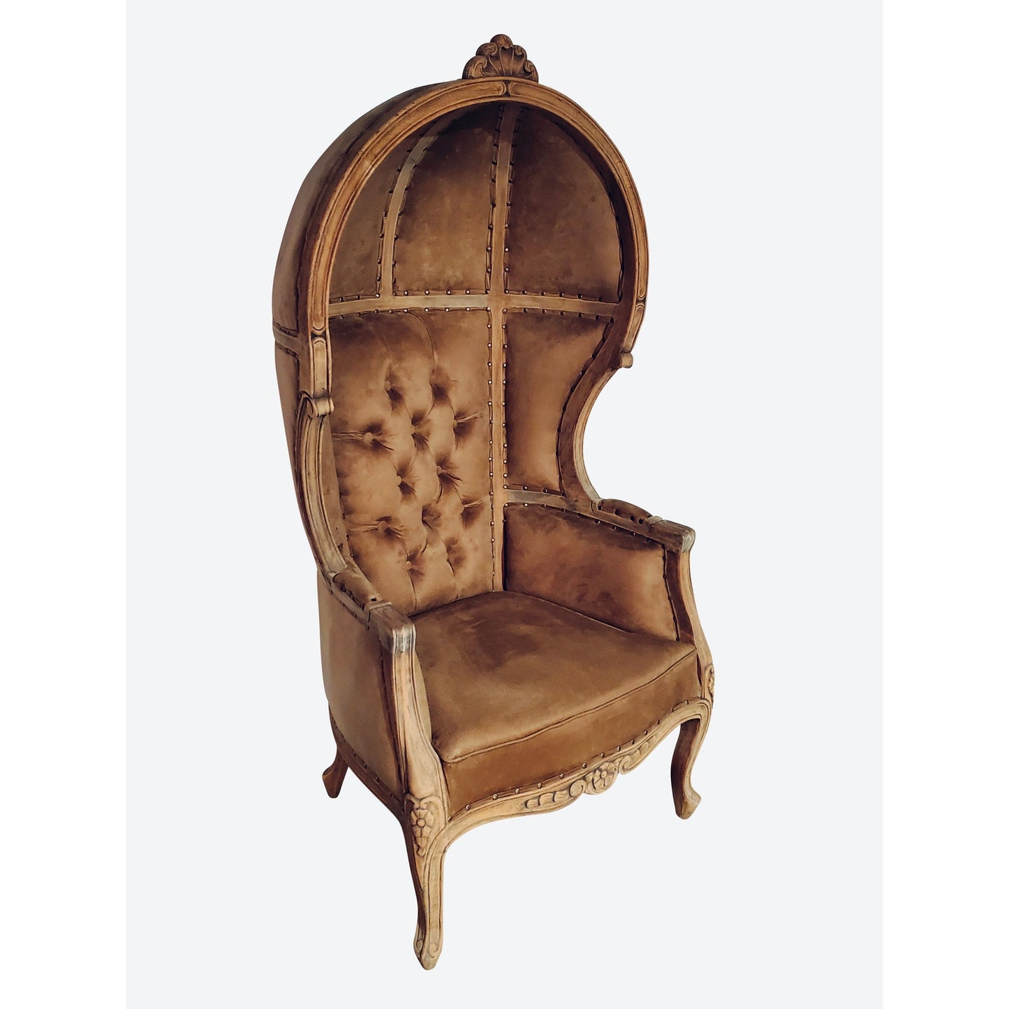 Balloon Chair | Porter Chair | Throne |Louis XV Style Tufted Dome Canopy Chair | Brown Velvet Natural Cedar Trim | French Inspired Design